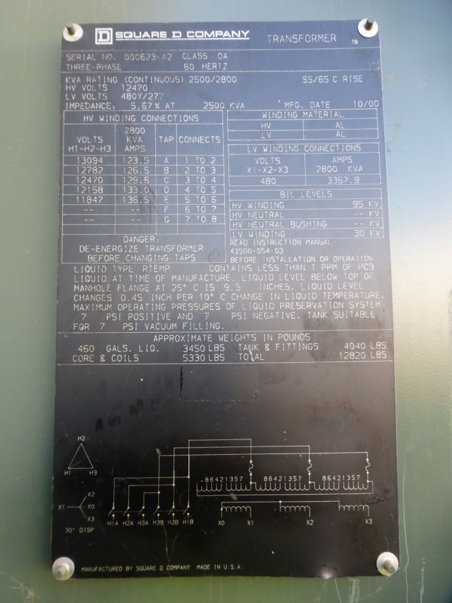 Square D 2500/2800 KVA Transformer | High Voltage: 12470V; Low Voltage: 480Y/277V; Tag: 231706 - Image 8 of 11
