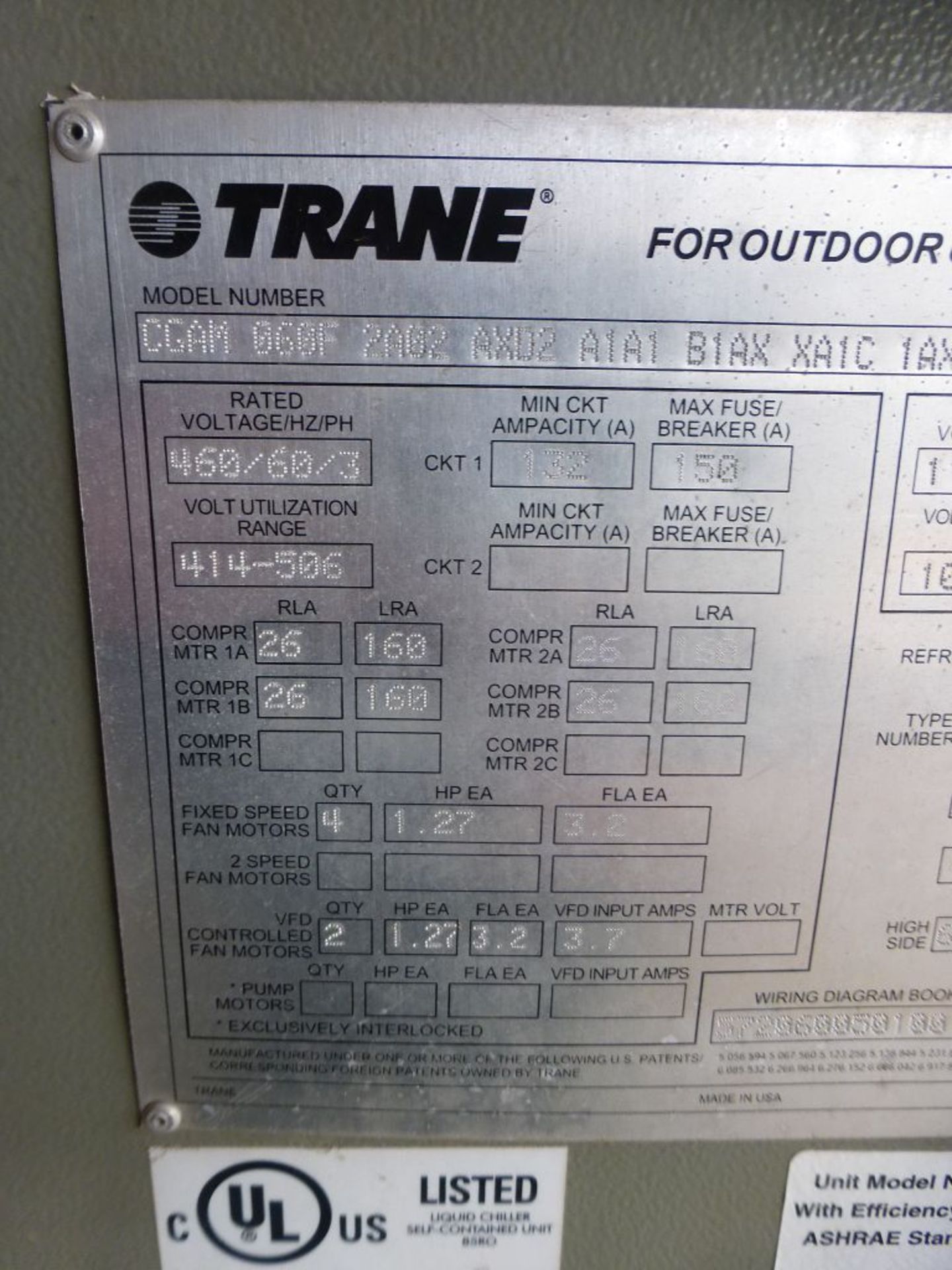 Trane Chiller | Model No. CGAM 060F 2A02 AXD2 A1A1 B1AX XA1C; 460V; 410A Refrigerant; 1AXX XXXX XAXA - Image 10 of 22