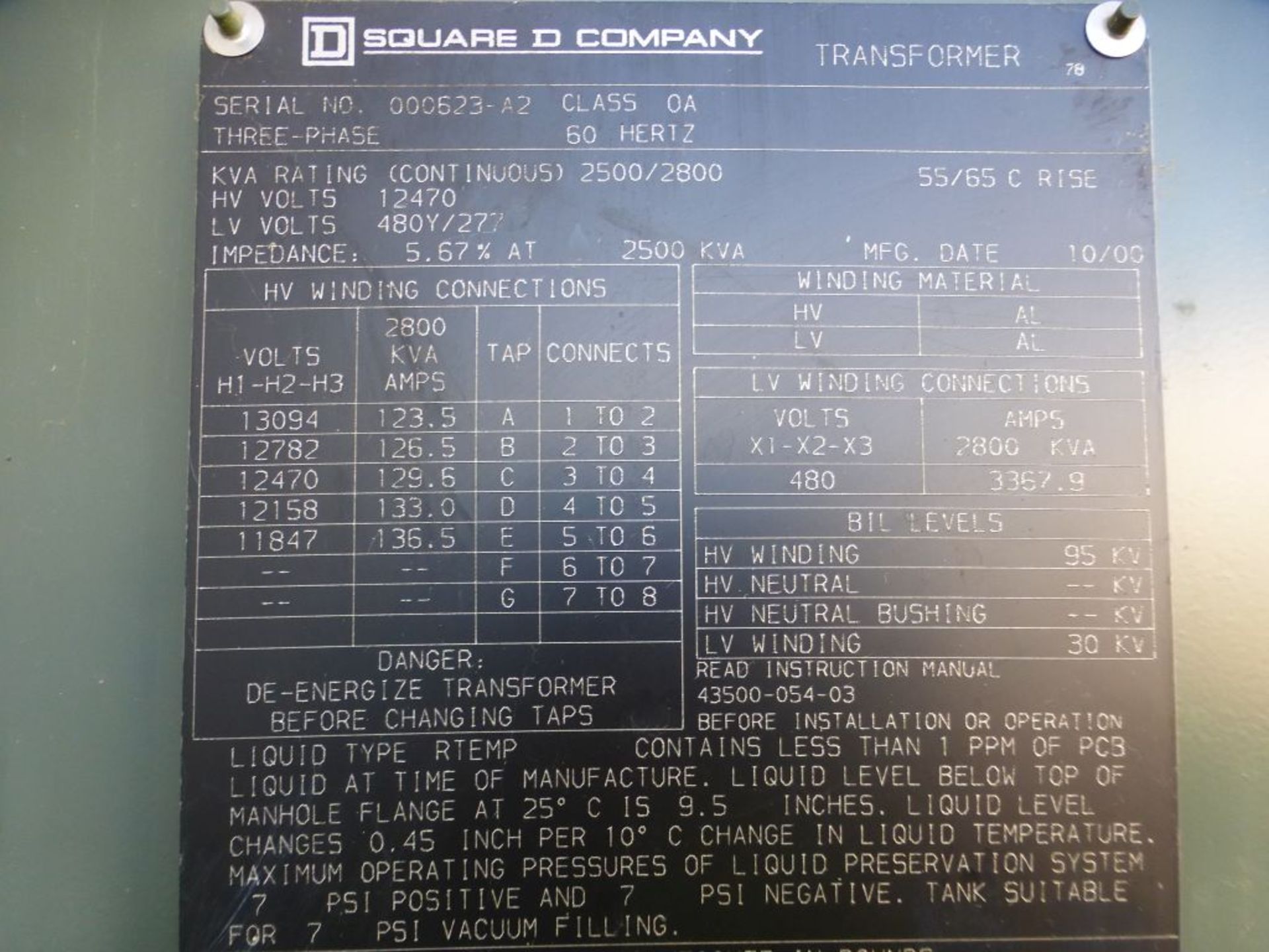 Square D 2500/2800 KVA Transformer | High Voltage: 12470V; Low Voltage: 480Y/277V; Tag: 231706 - Image 10 of 11