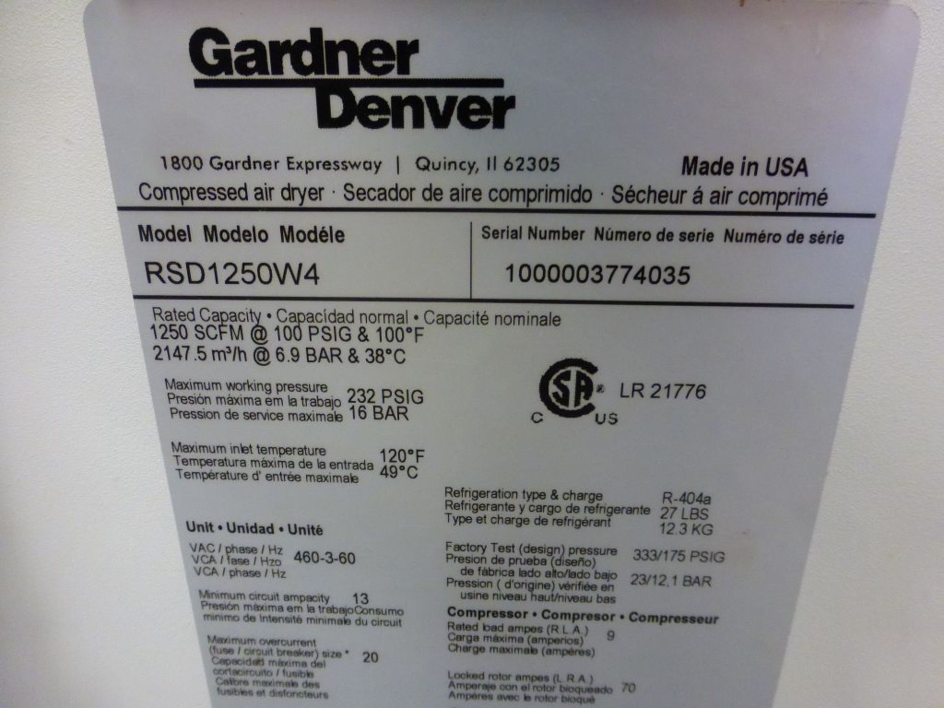 Gardner Denver Compressed Air Dryer | Model No. RSD1250W4; Maximum Working Pressure: 232 PSIG; - Image 4 of 5