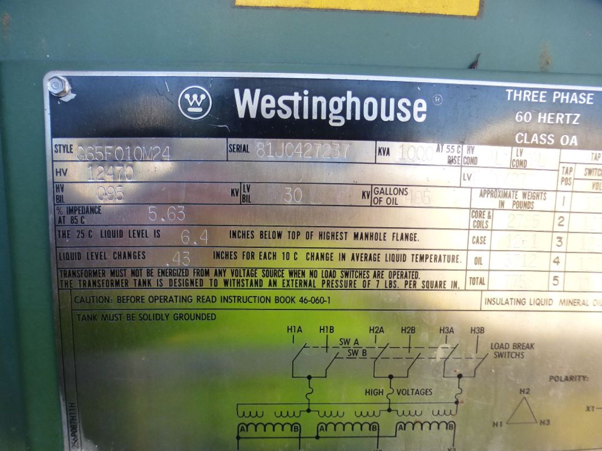 Westinghouse 1000 KVA Transformer | High Voltage: 12470; Low Voltage: 480Y/277V; Tag: 231710 - Image 9 of 12