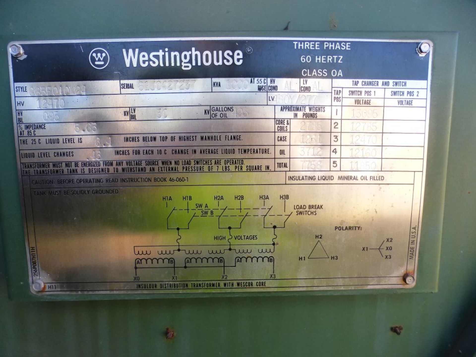 Westinghouse 1000 KVA Transformer | High Voltage: 12470; Low Voltage: 480Y/277V; Tag: 231710 - Image 8 of 12