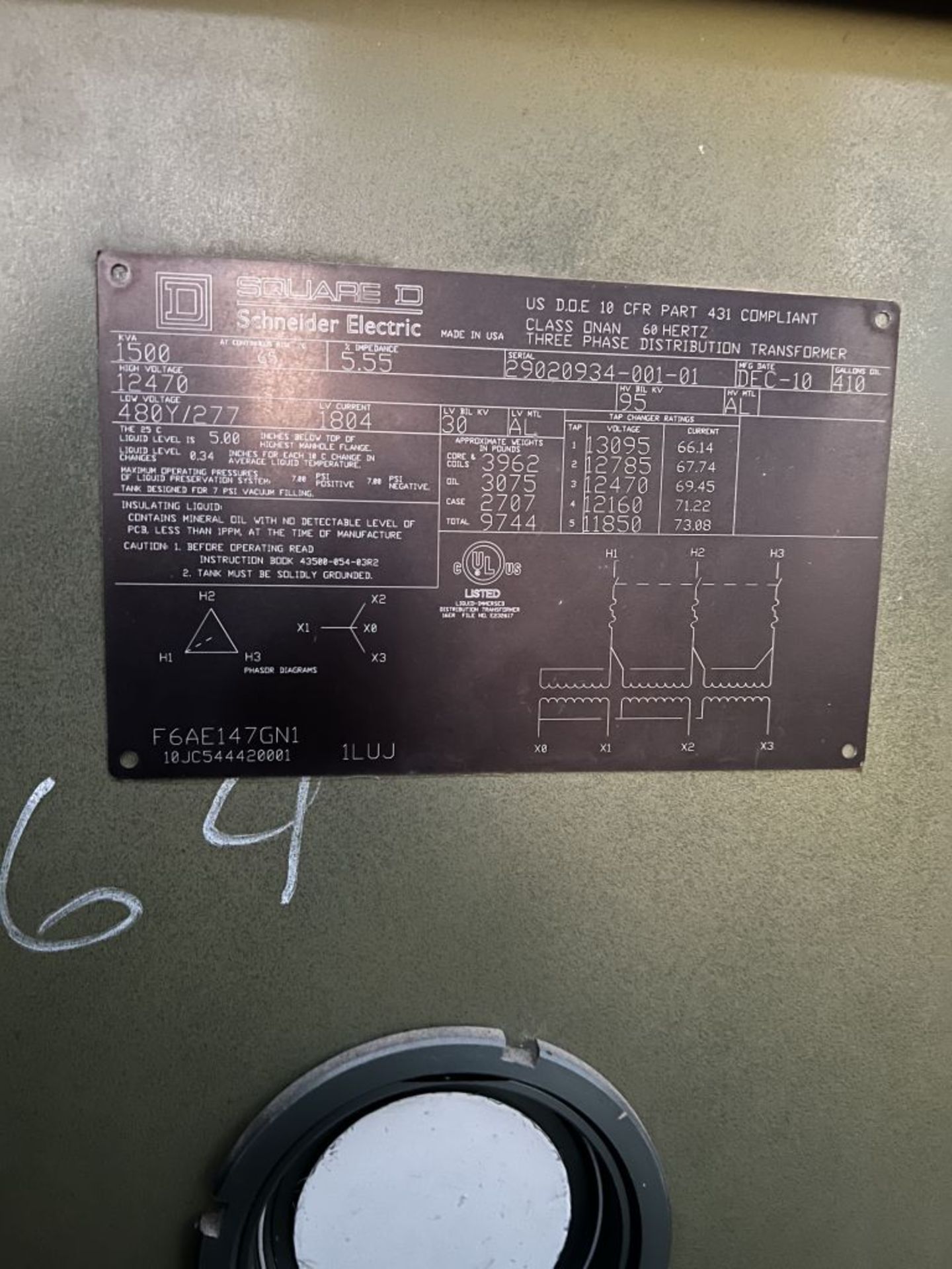 Square D 1500 KVA Distribution Transformer | HV; 12470; LV: 480Y/277; 3 PH; Tag: 231792 - Image 8 of 8
