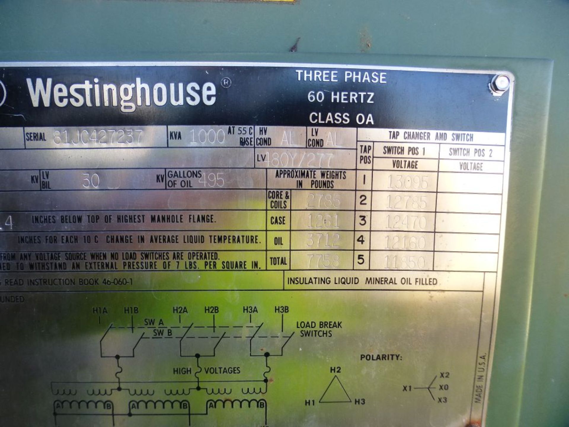 Westinghouse 1000 KVA Transformer | High Voltage: 12470; Low Voltage: 480Y/277V; Tag: 231710 - Image 10 of 12