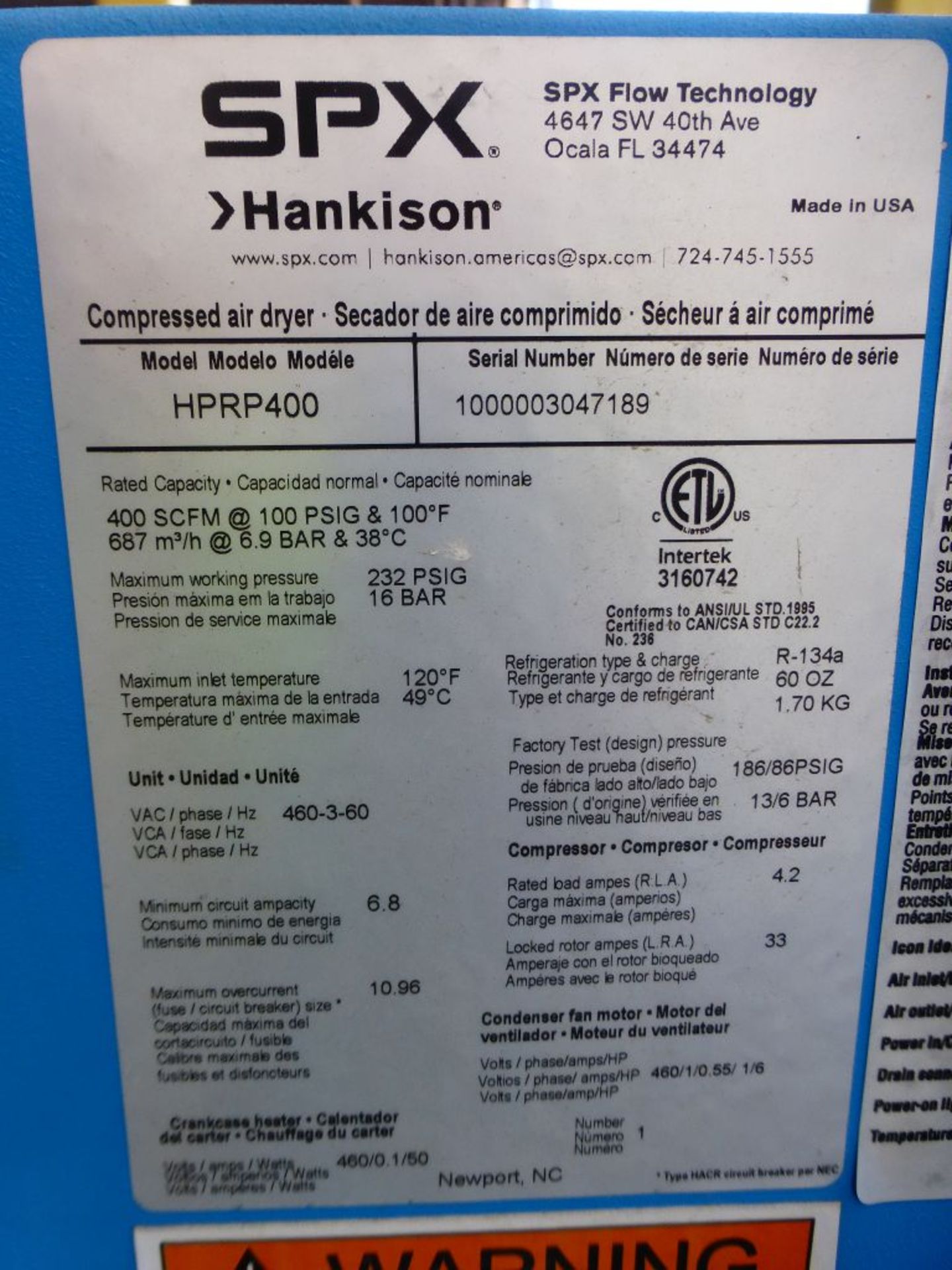 SPX Hankison Compressed Air Dryer | Model No. HPRP400; 232 PSIG; Tag: 231743 - Image 3 of 5