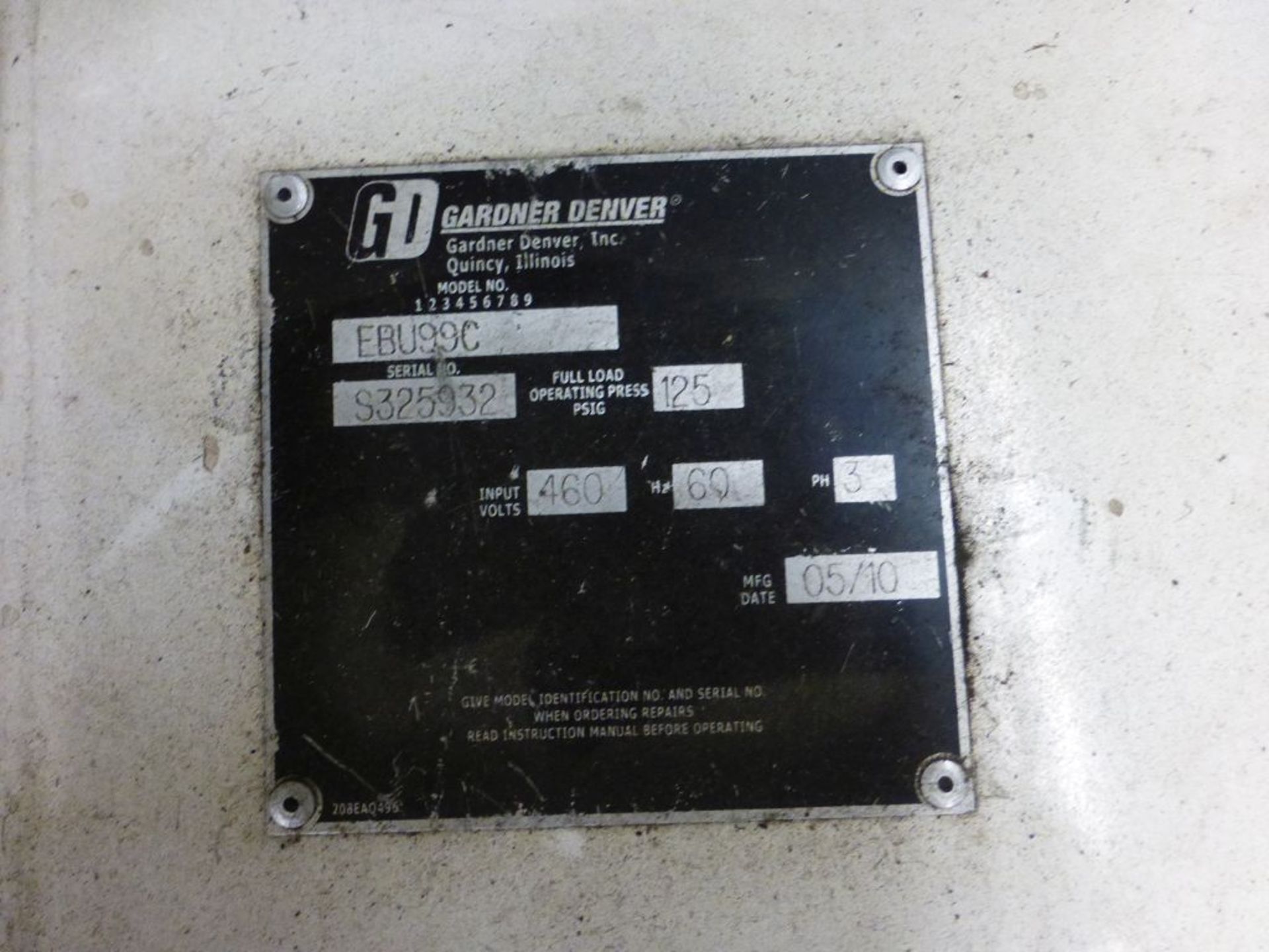 Gardner Denver Air Compressor | Model No. EBU99C; 460V; 125 PSIG; 2010 Manufacturing Date; Includes: - Image 3 of 4
