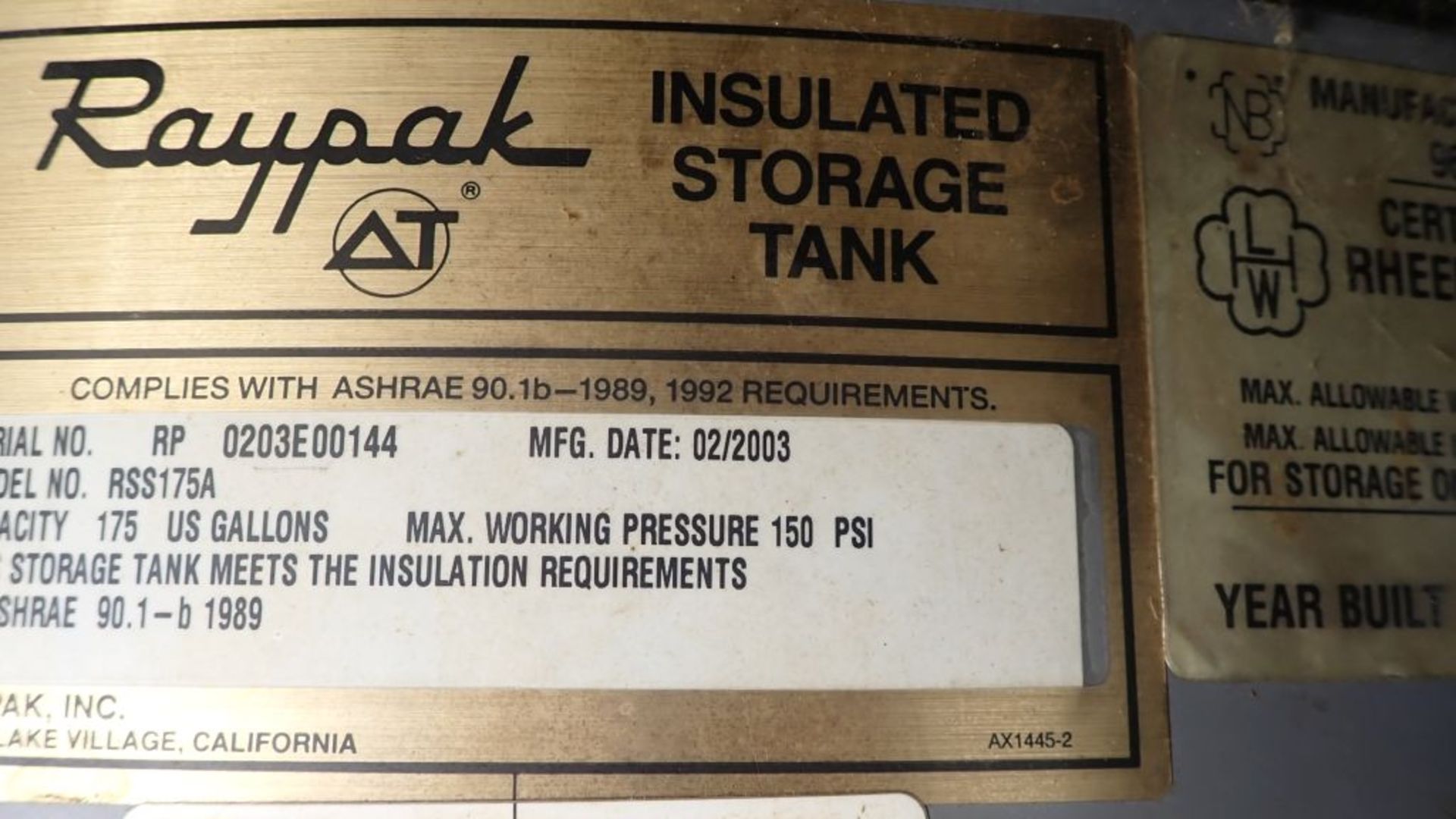 2003 Raypack Insulated Storage Tank | Model No. RSS175A; 175-Gallon Capacity; 150 PSI; Tag: 231697 - Image 5 of 5