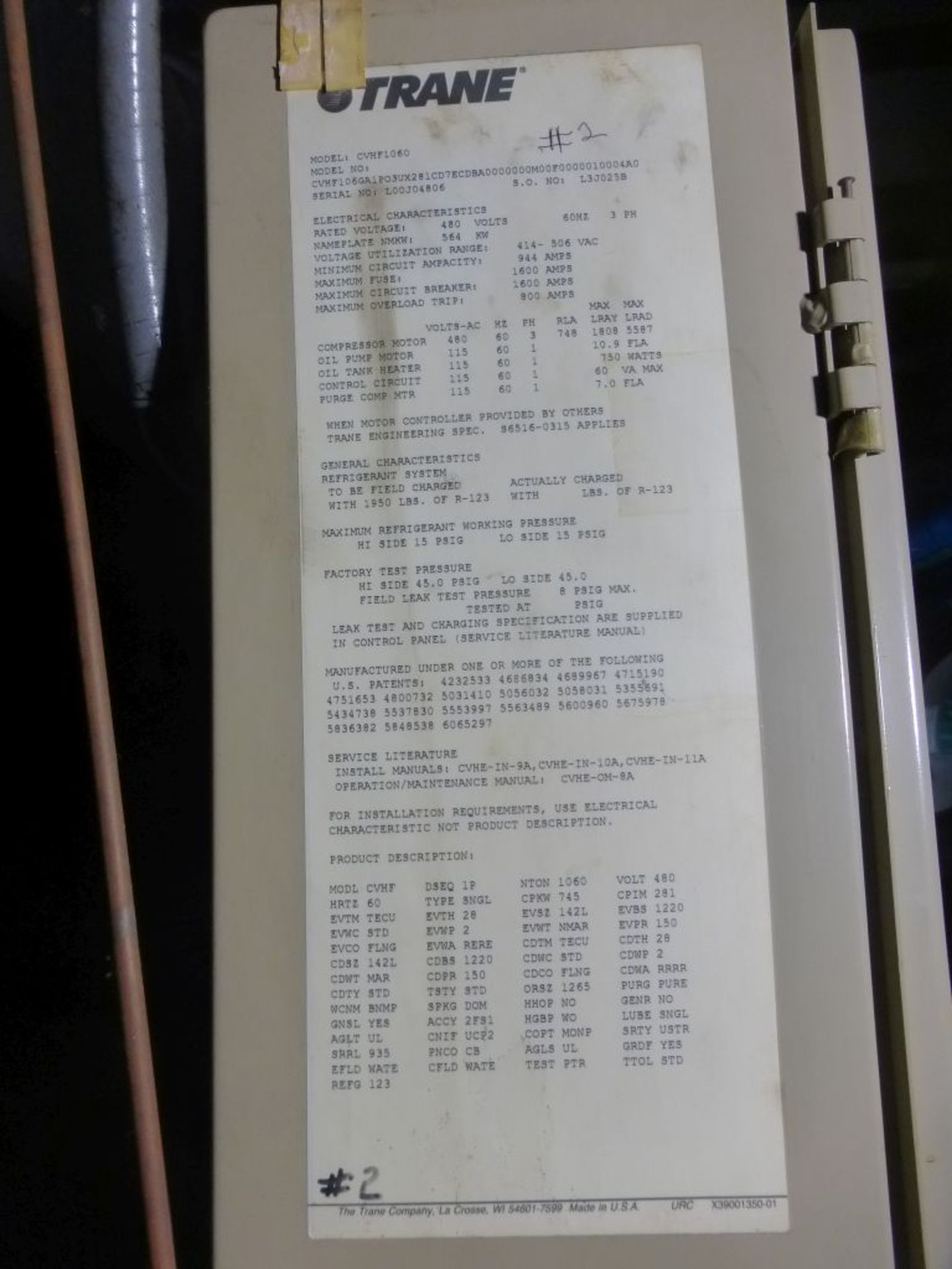 Trane CentraVac Water Chiller | Model No. CVHF1060; Serial No. L00J04806; 480V; HCFC-123; Tag: - Image 3 of 16