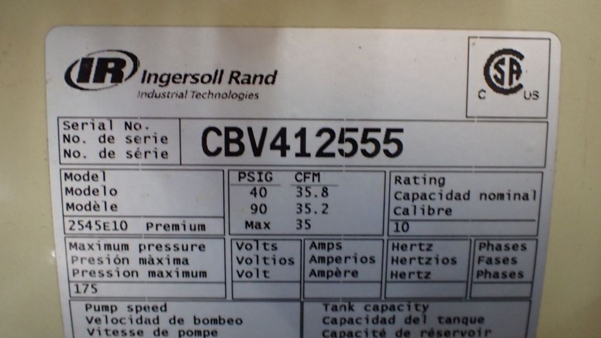 Ingersoll Rand Air Compressor| Part No. CBV412555, 175 PSI, 120 Tank Cap; Includes: Pump - Image 10 of 18