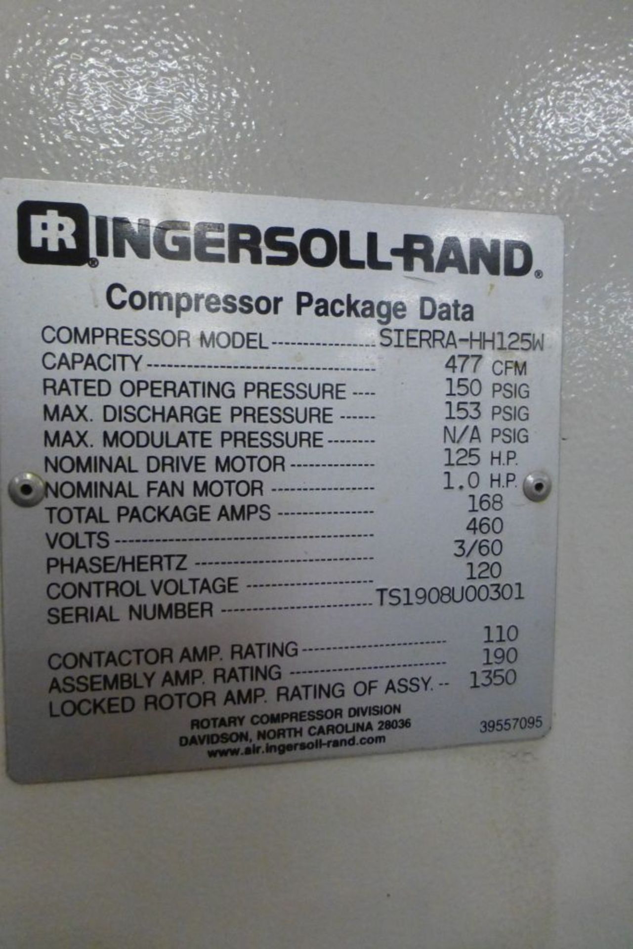 Ingersoll Rand Air Compressor | Model No. SIERRA-HH 125W; Serial No. TS1908U00301; 168A; 460V; 60 - Image 2 of 13