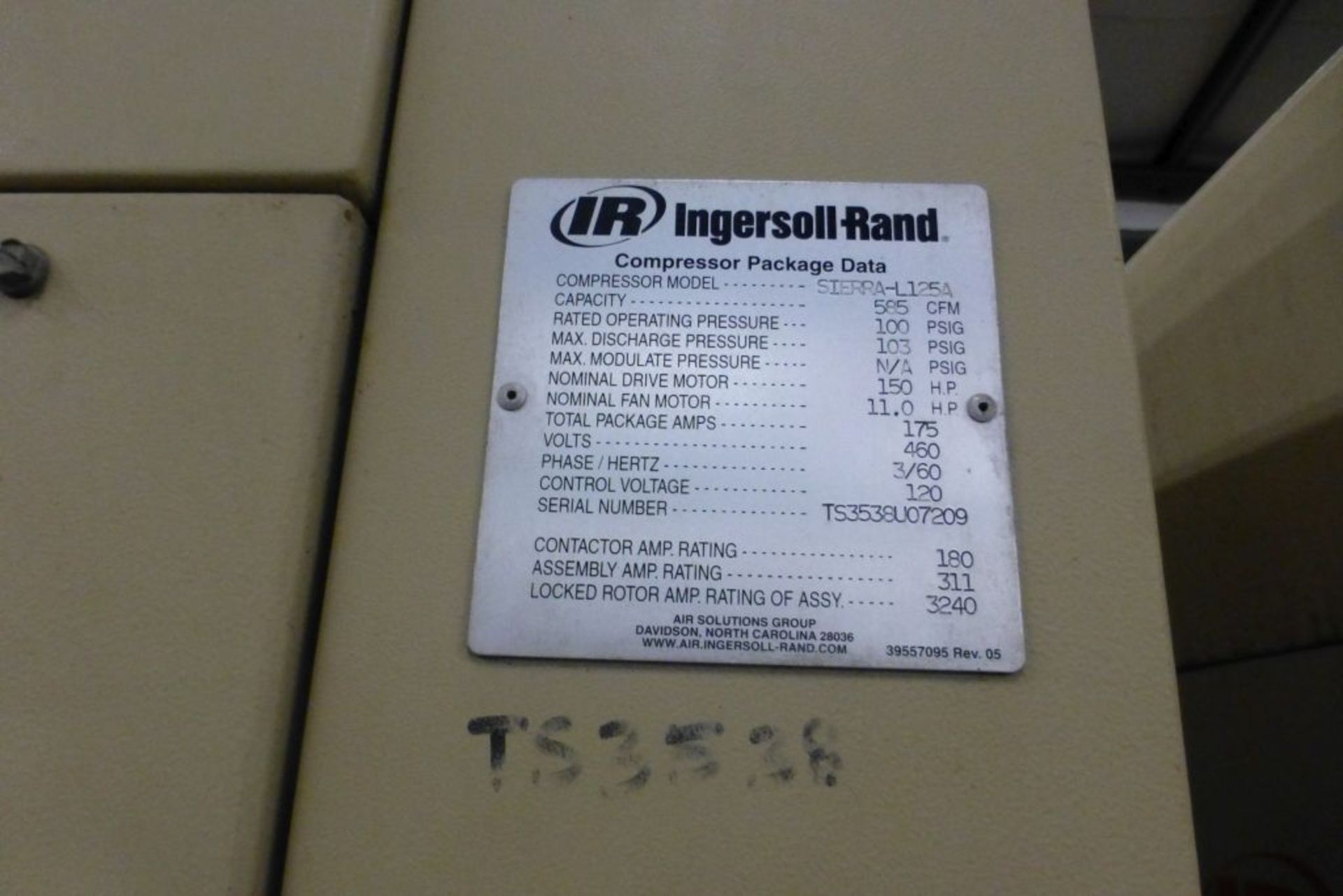 Ingersoll Rand Compressor | Model No. SIERRA-L125A; 150 HP; 460V; 100 PSI; 595 CFM Cap; 3PH - Image 5 of 26