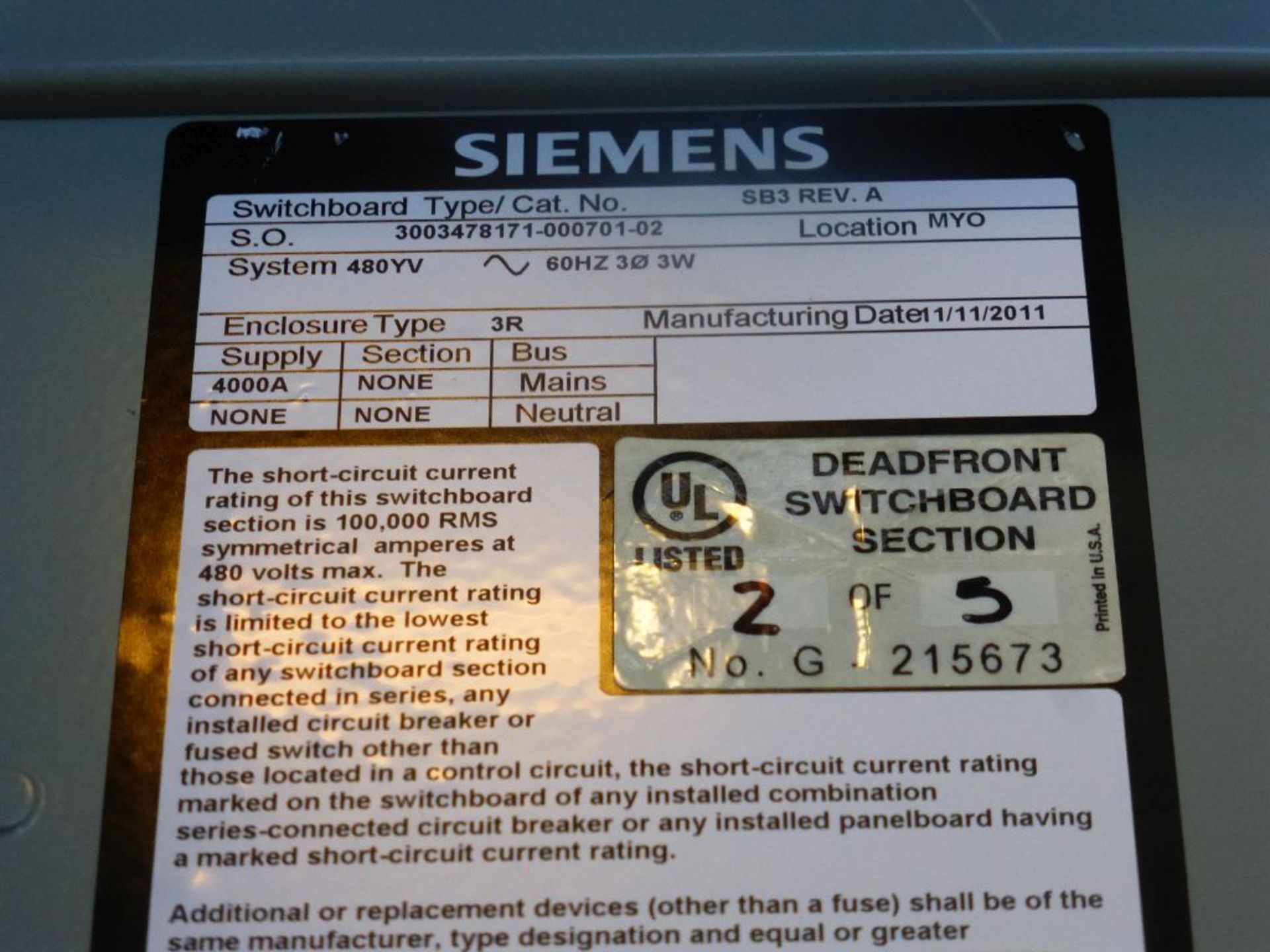 Siemens Switchgear - 4000A Main Lugs Only with 2-Sections of Distribution | Lot Loading Fee: $ - Image 12 of 31