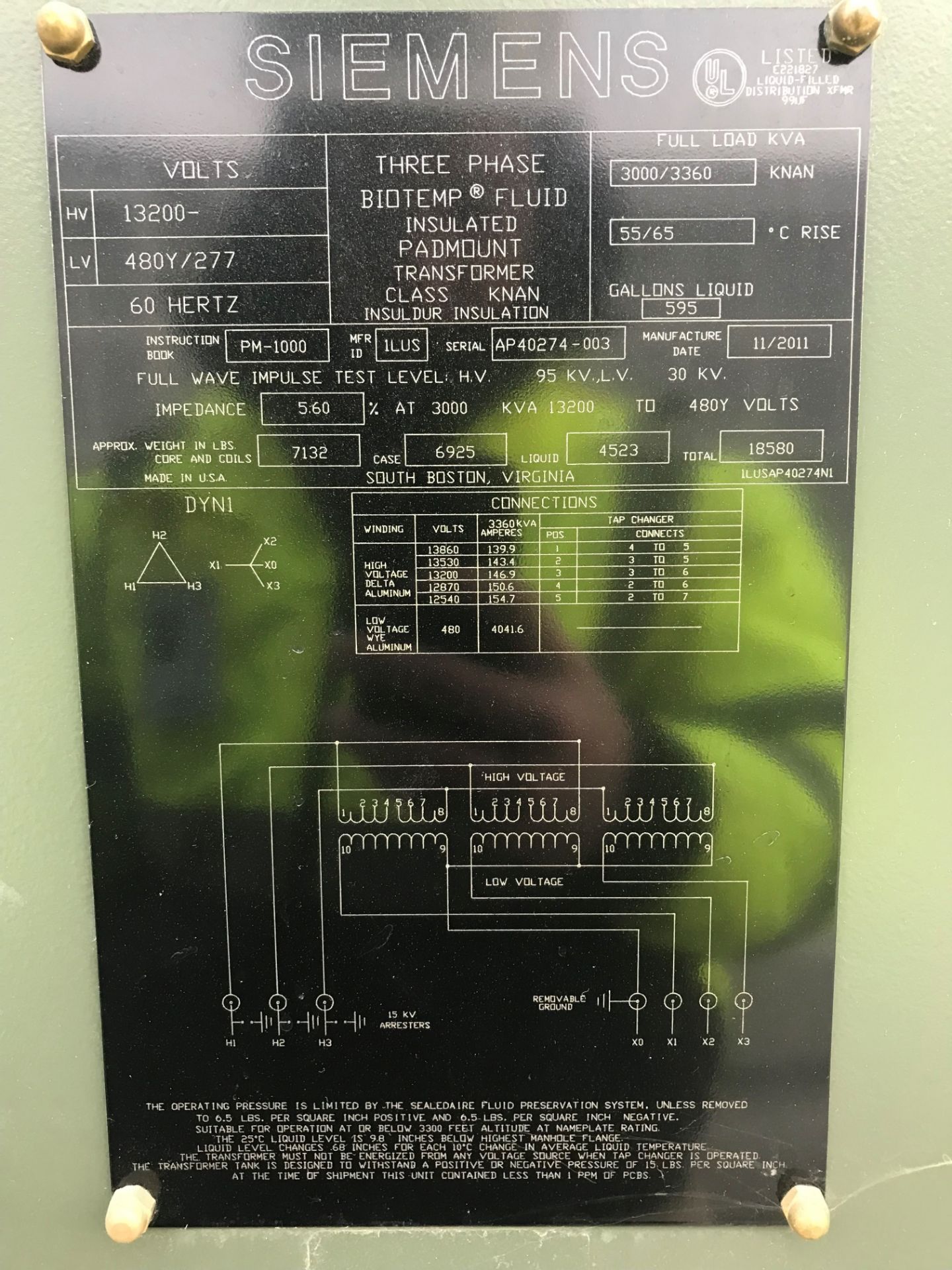 Siemens 3000/3360 KVA Padmount Transformer | Lot Loading Fee: $500 | HV: 13,200; LV: 480Y/277; - Image 7 of 7