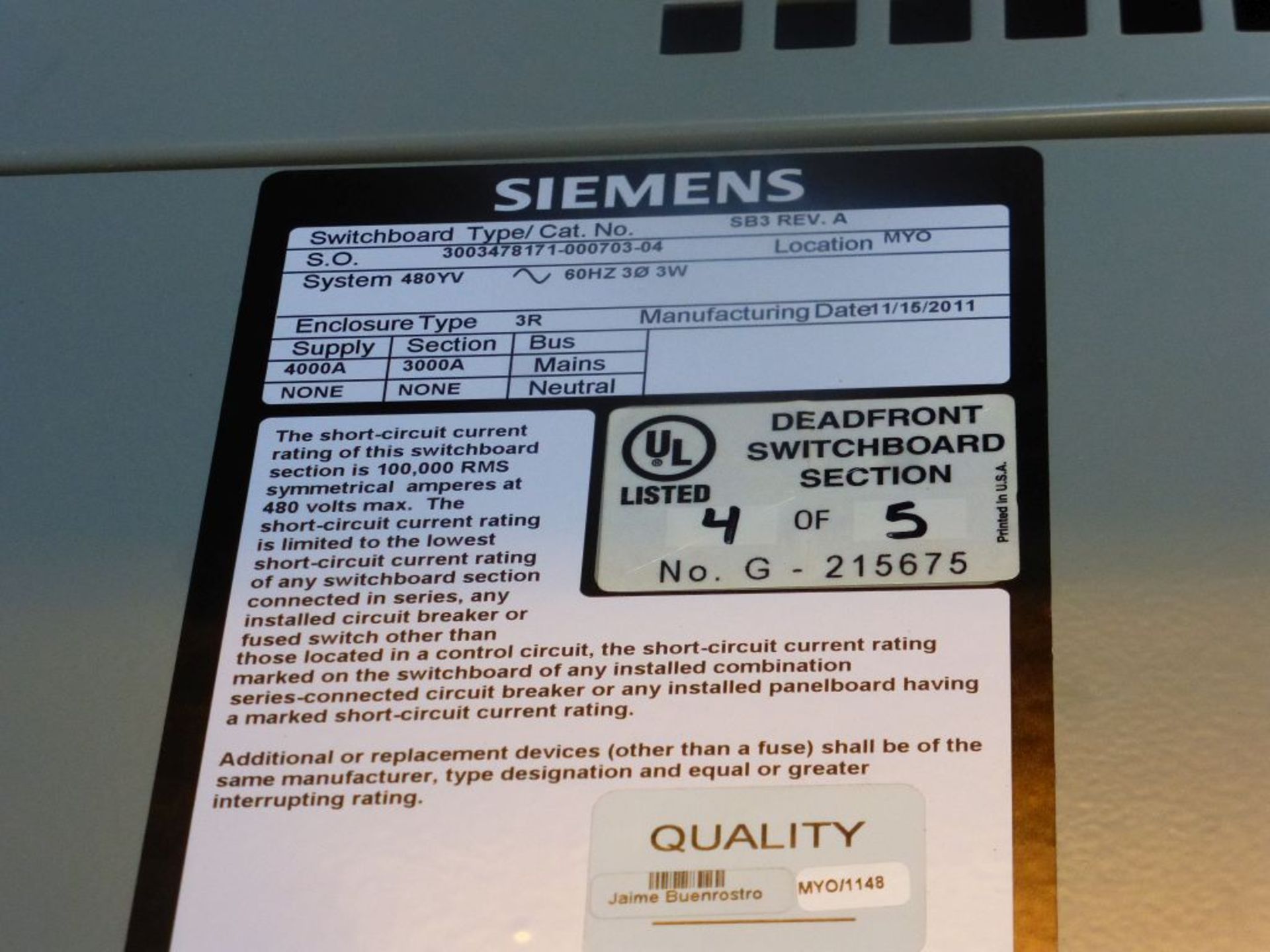 Siemens Switchgear - 4000A Main Lugs Only with 2-Sections of Distribution | Lot Loading Fee: $ - Image 18 of 31