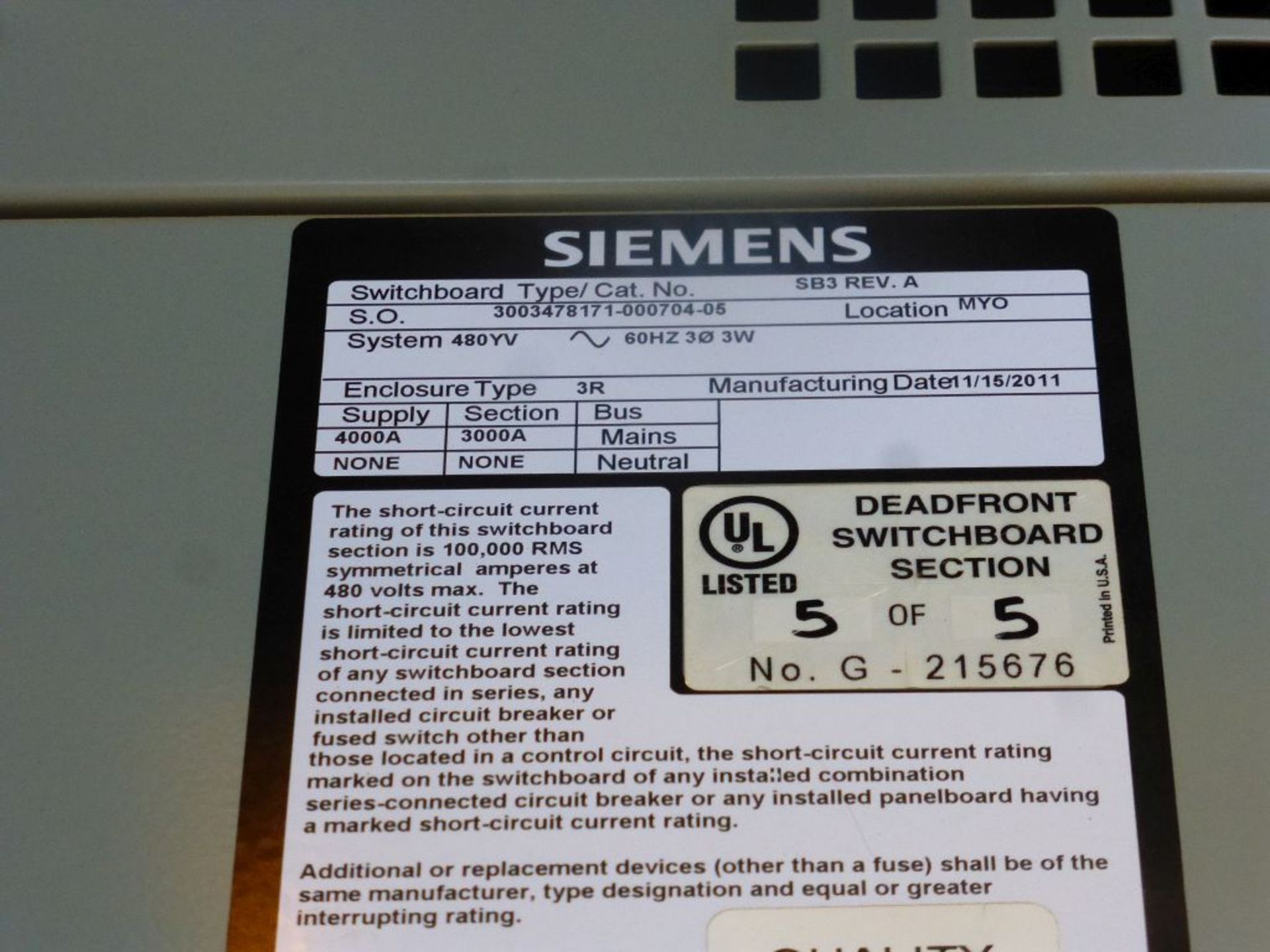 Siemens Switchgear - 4000A Main Lugs Only with 2-Sections of Distribution | Lot Loading Fee: $ - Image 25 of 31