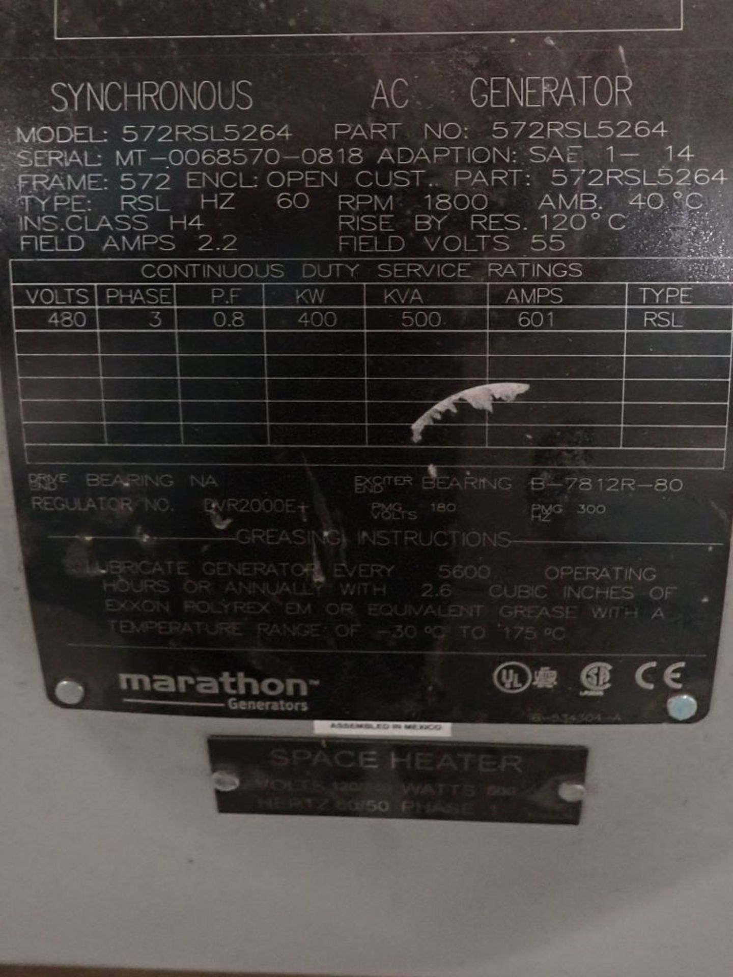 Marathon 3-Phase Generator Alternator | Part No. 572RSL5264; 400 KW; 500 KVA; 3 PH; 480V; Frame: - Image 5 of 5