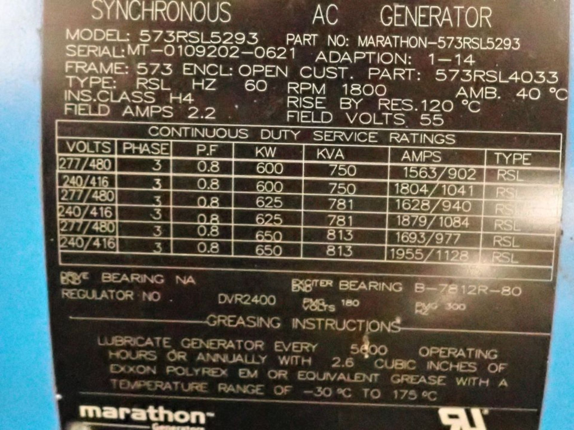 Marathon 3-Phase Generator Alternator | Part No. 573RSL5293; 650 KW; 650 KVA; 3 PH; 240V to 480V; - Image 4 of 4