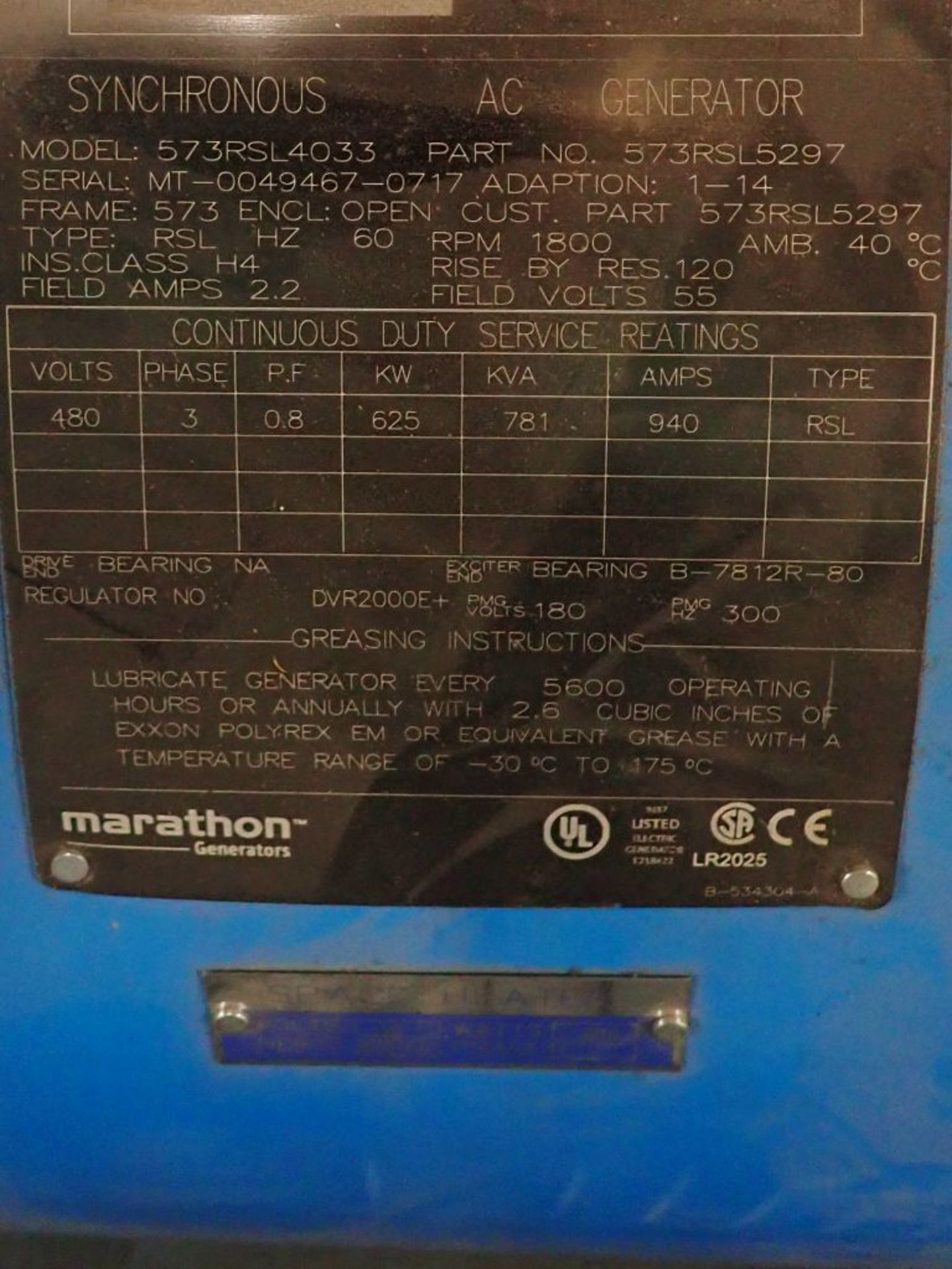 Marathon 3-Phase Generator Alternator | Part No. 573RSL5297; 750 KW; 781 KVA; 12 Wires; 3 PH; 190V - Image 4 of 4