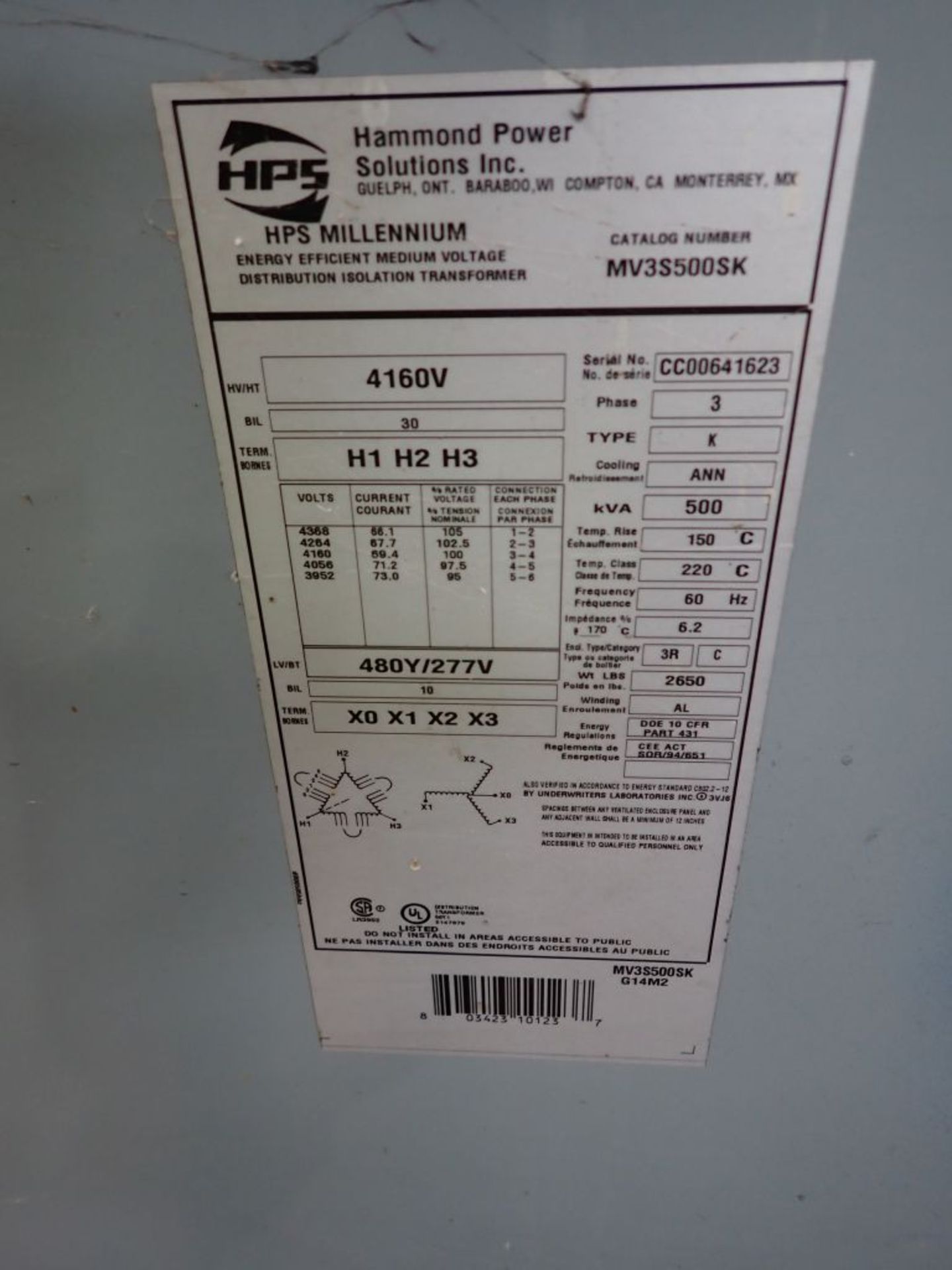 Hammond Power 500 KVA Transformer w/ Switchgear | Lot Loading Fee: $1400 | 4160 - 480Y-277V; Siemens - Image 6 of 18