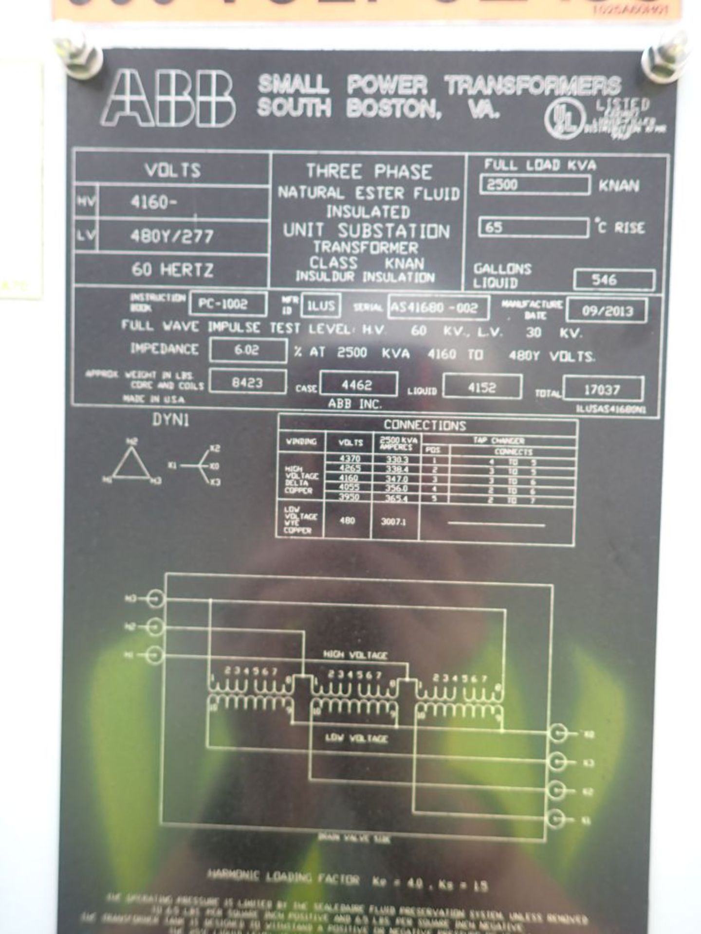 ABB 2500 KVA Transformer | Lot Loading Fee: $1450 | 4160 - 480Y/277 Volts; Mfg Date: J2013; Fluids - Image 7 of 10