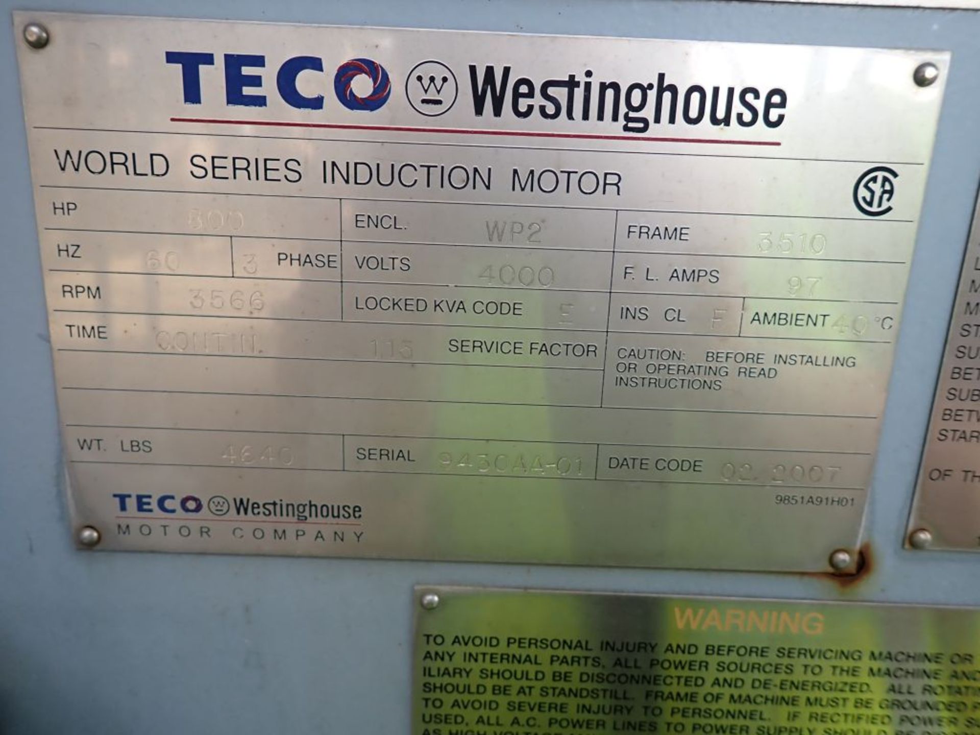 2014 Teco Westinghouse 800 HP Motor | Lot Loading Fee: $1100 | 4000V 3,586 RPM; Tag: 235729 - Image 8 of 9
