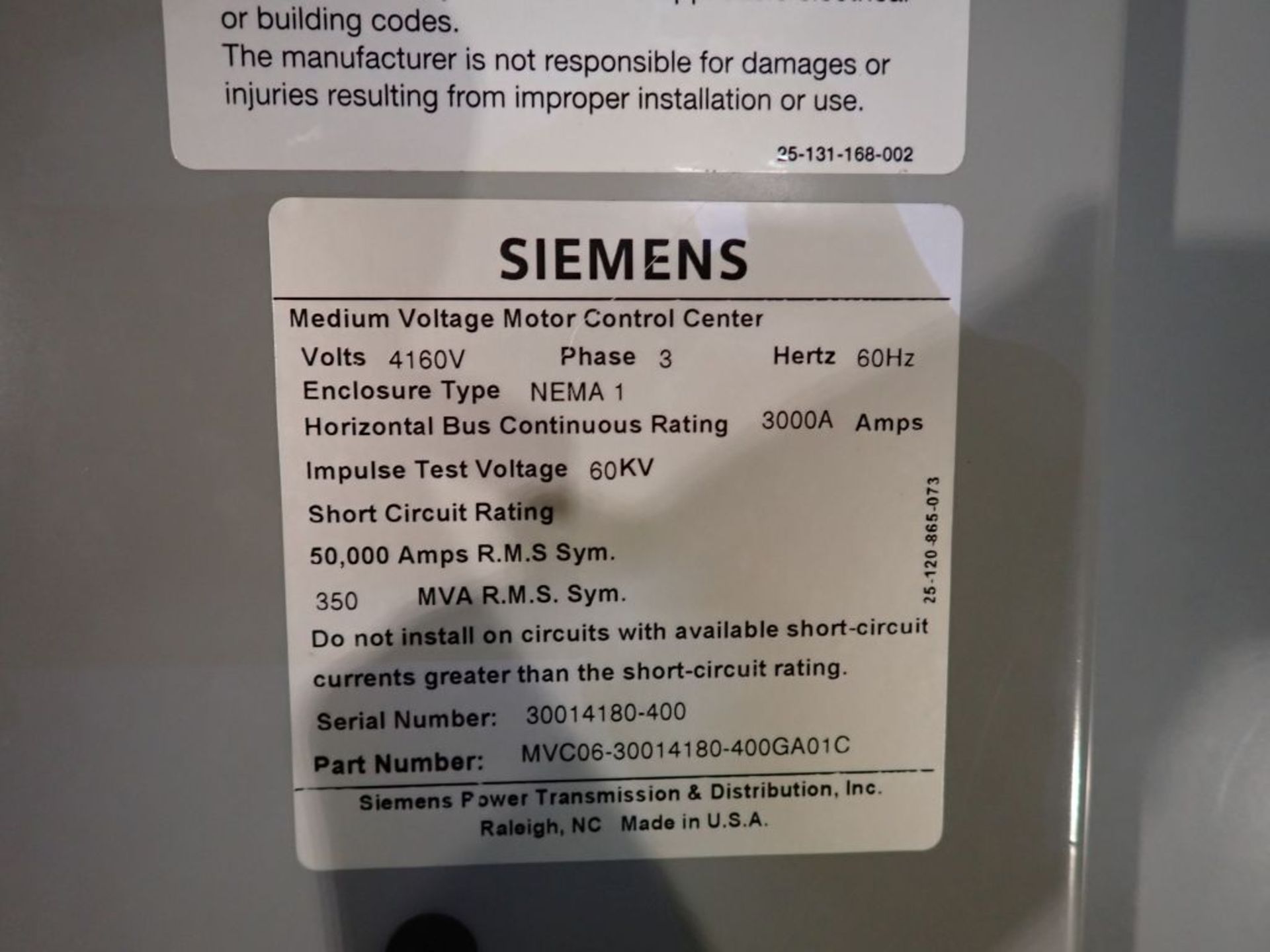 Siemens Medium Voltage MCC | Lot Loading Fee: $3000 | (6) Verticals - 4160V 3000 Amp; 500 HP - Image 3 of 31