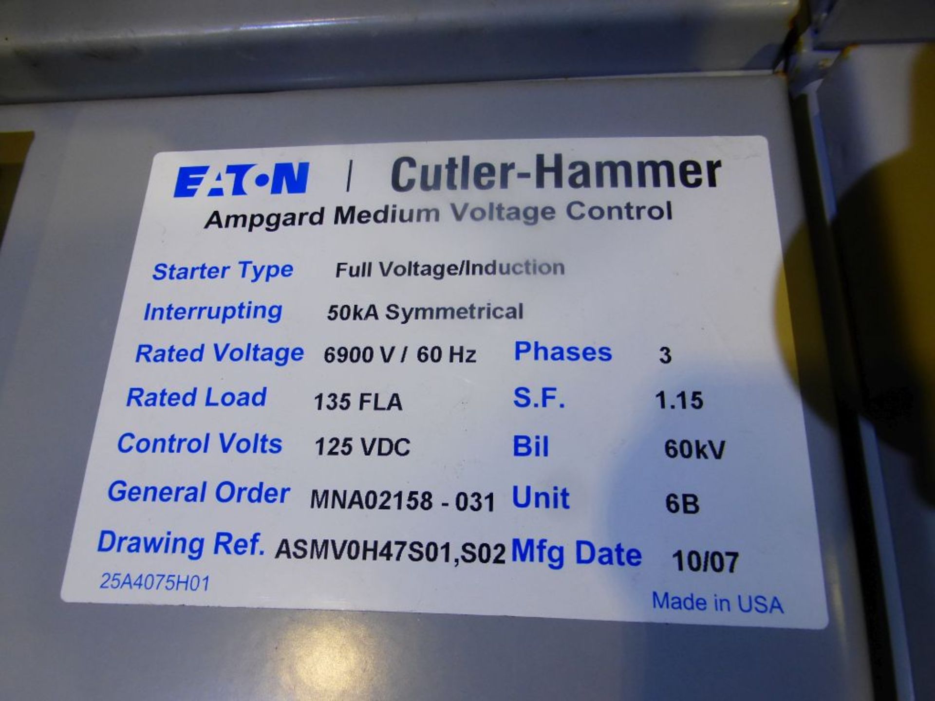 2007 Eaton Cutler Hammer Ampguard Medium Voltage Control | Rigging Fee: $200 | 6900V; 3-Sections; - Image 5 of 5