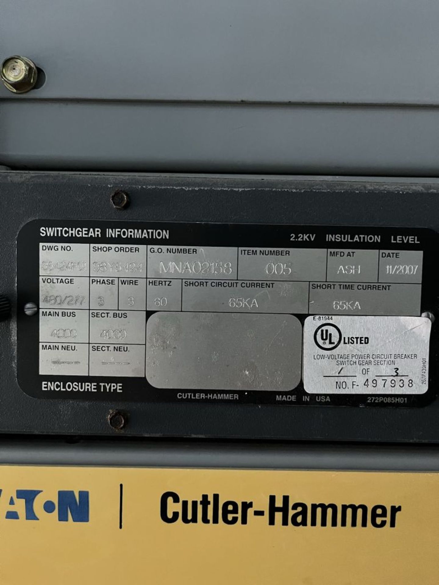 2007 Eaton Cutler Hammer Magnum DS Metal-Enclosed LV Switchgear | Rigging Fee: $350 | - Image 4 of 4