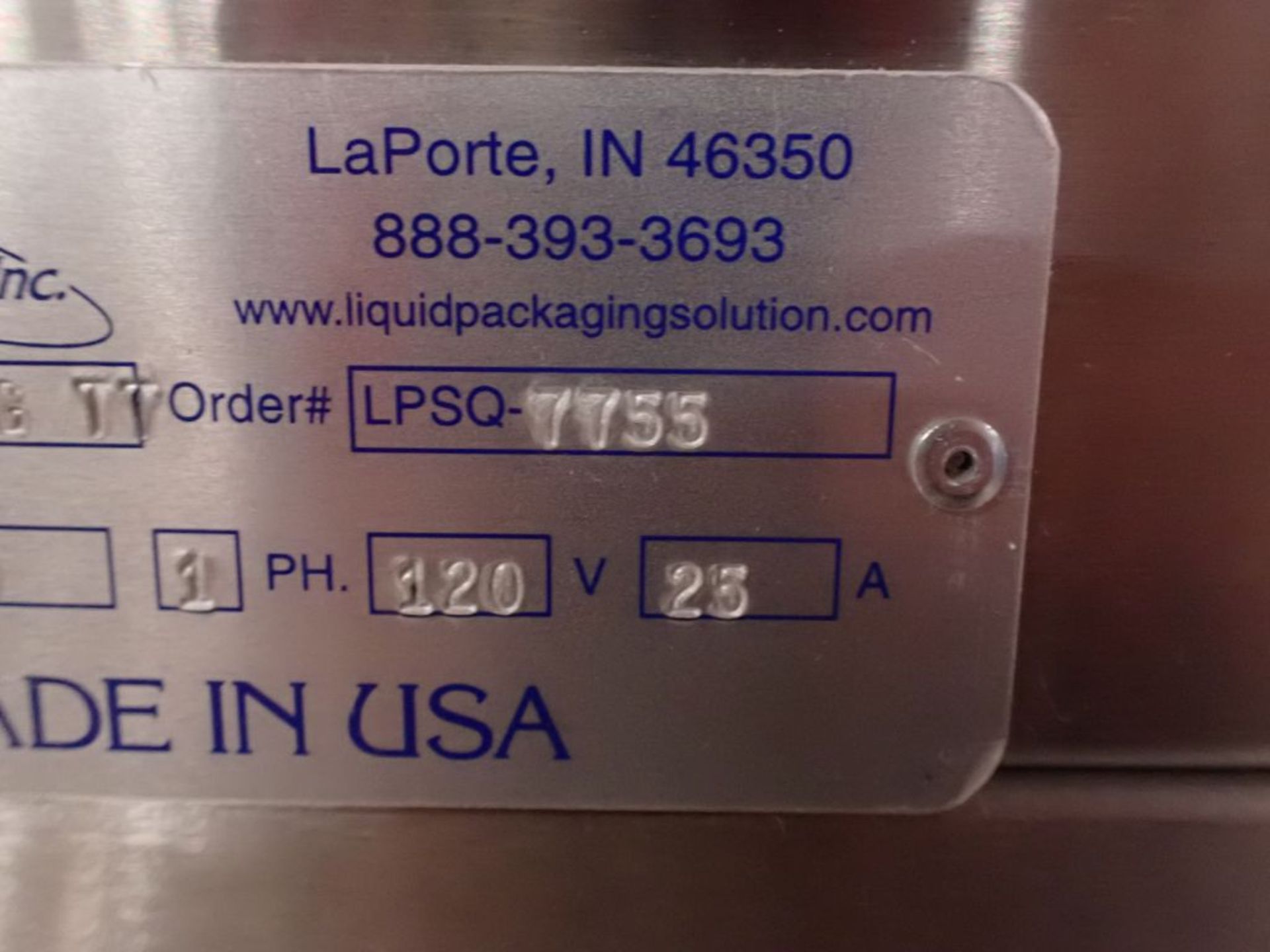 Liquid Packaging | Model: Loading VV; Order No. LPSQ-VV55; Serial No. 140750; 25A; 120V; 1PH; Tag: - Image 6 of 6