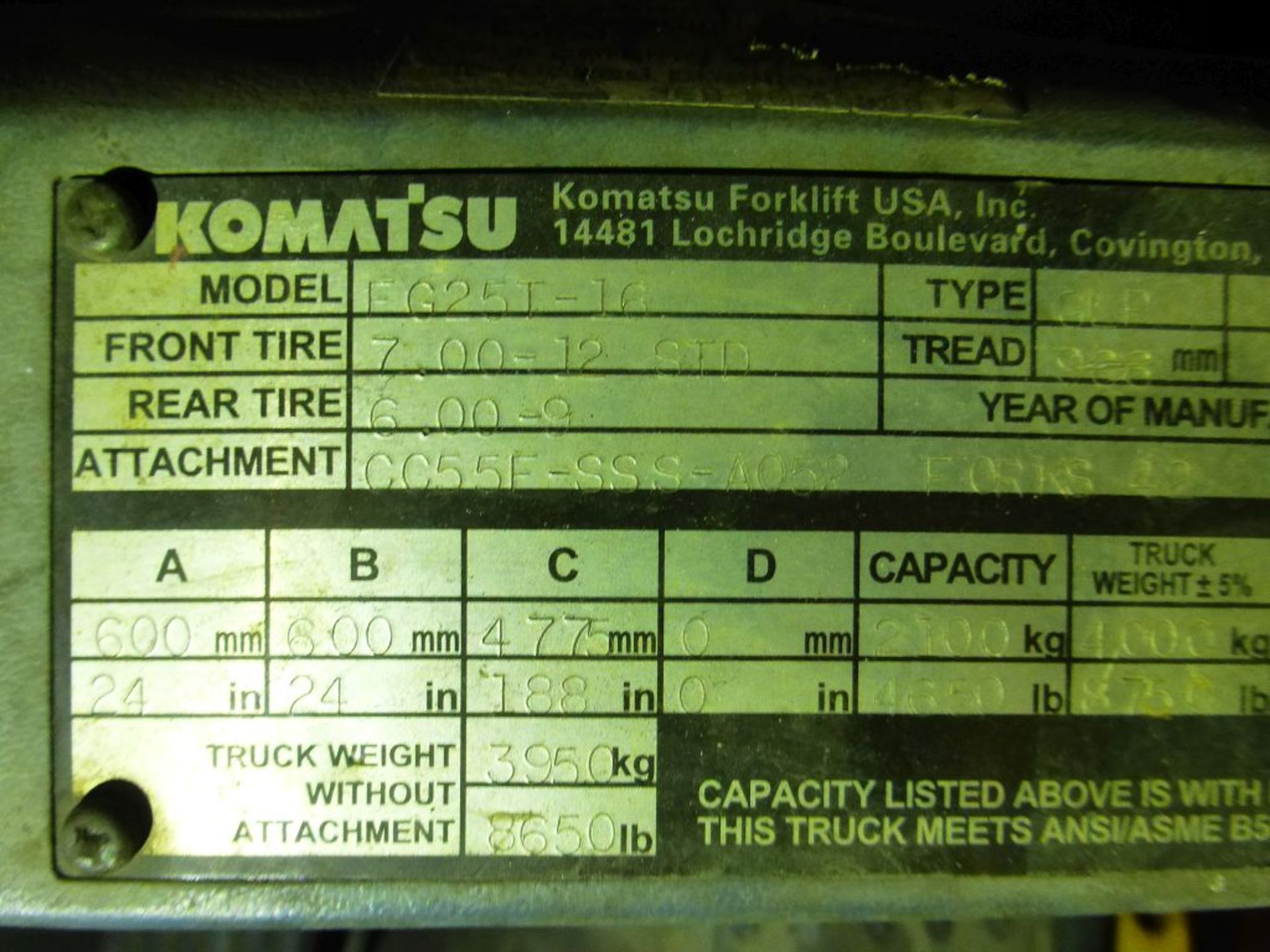 Komatsu 25-Gallon Forklift | Model No. FG25T-16; Serial No. 210280A; 4650 lb Cap; 188" Lifting - Image 18 of 19