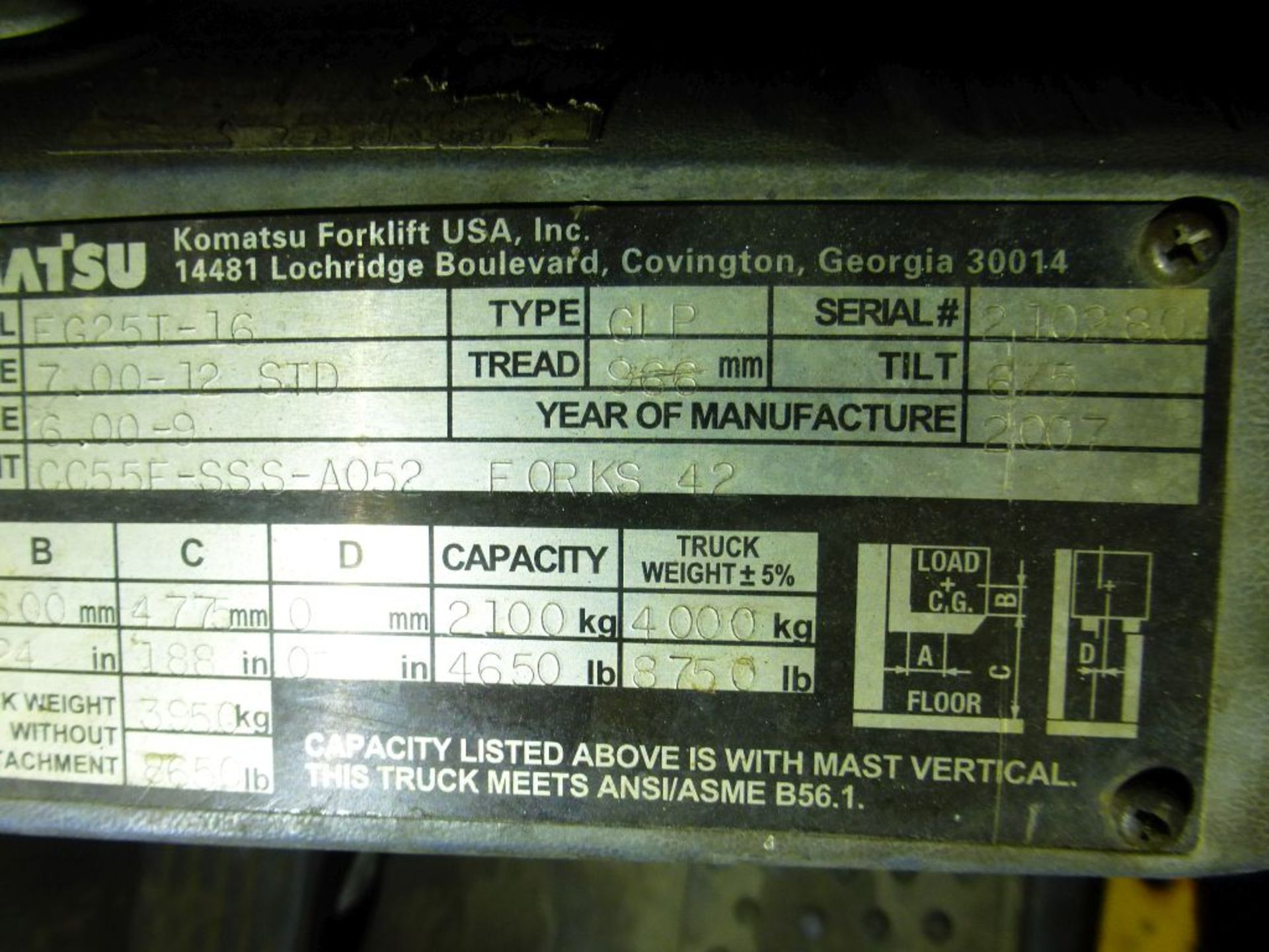 Komatsu 25-Gallon Forklift | Model No. FG25T-16; Serial No. 210280A; 4650 lb Cap; 188" Lifting - Image 19 of 19