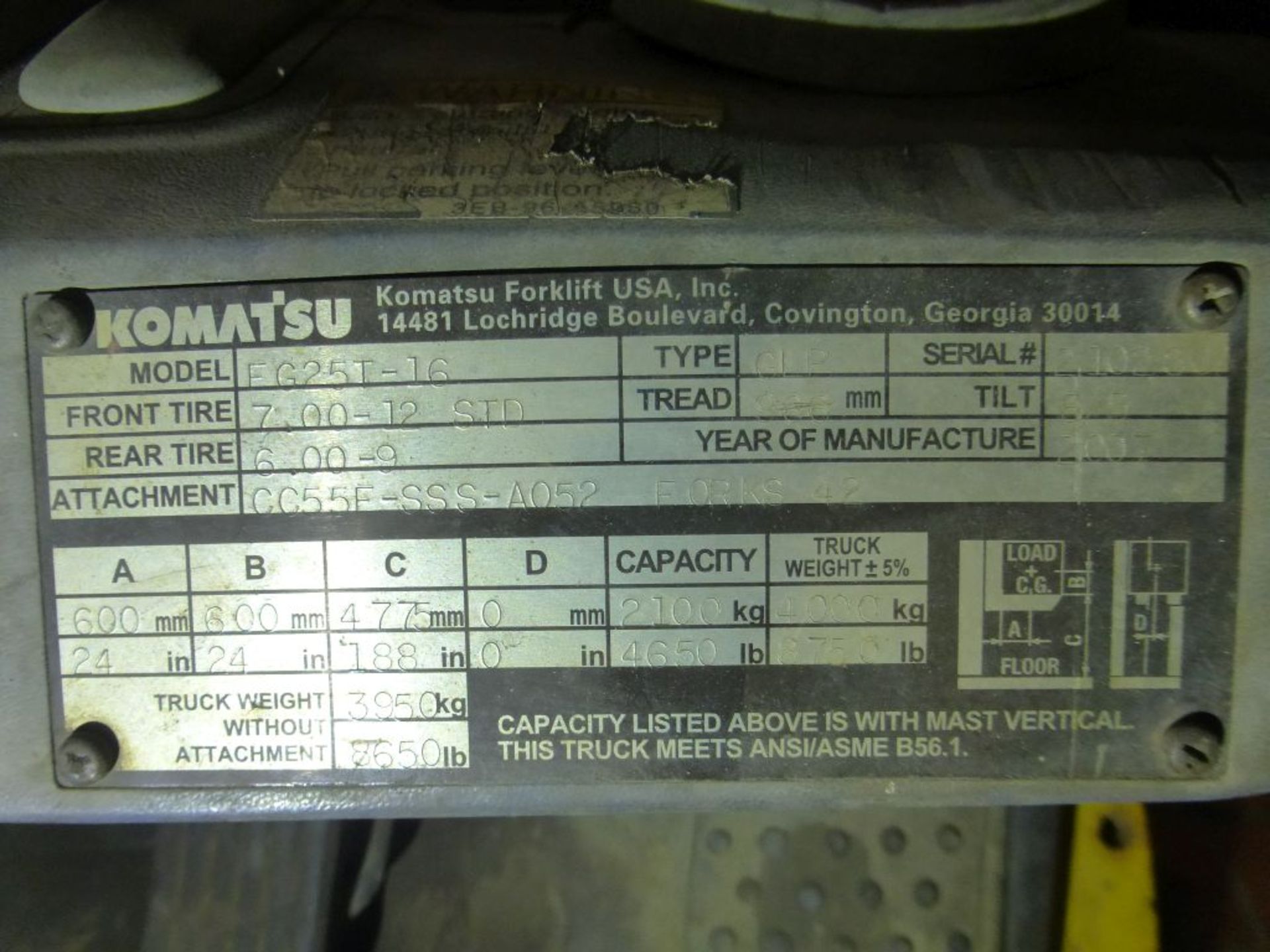 Komatsu 25-Gallon Forklift | Model No. FG25T-16; Serial No. 210280A; 4650 lb Cap; 188" Lifting - Image 17 of 19