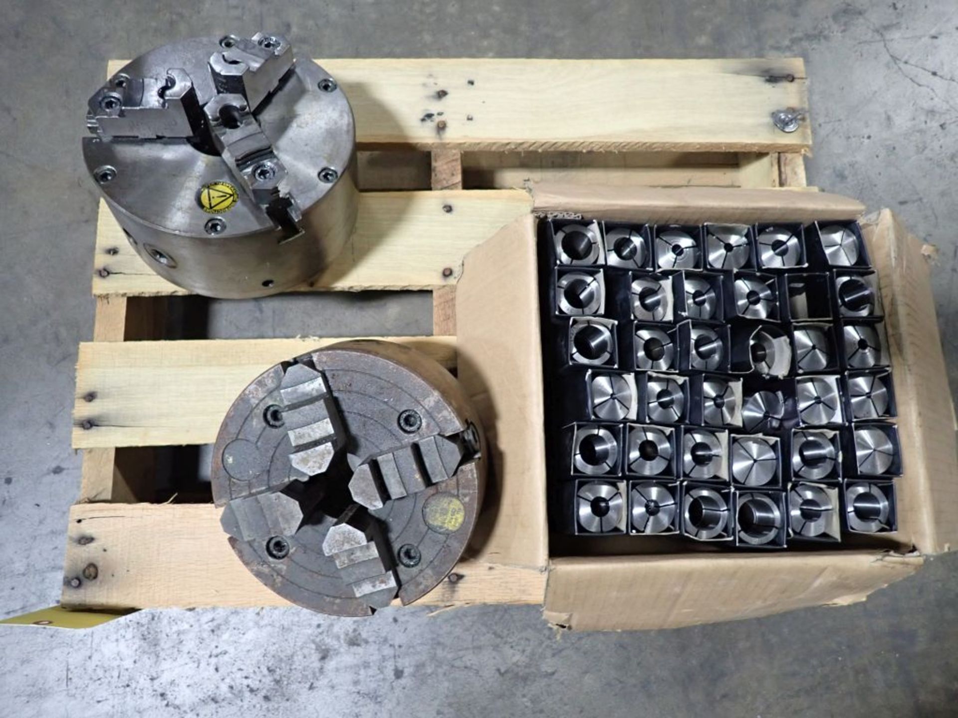 Lot of (2) Lathe Chucks and (50) Collets | Tag: 241523 | Limited Forklift Assistance Available - $