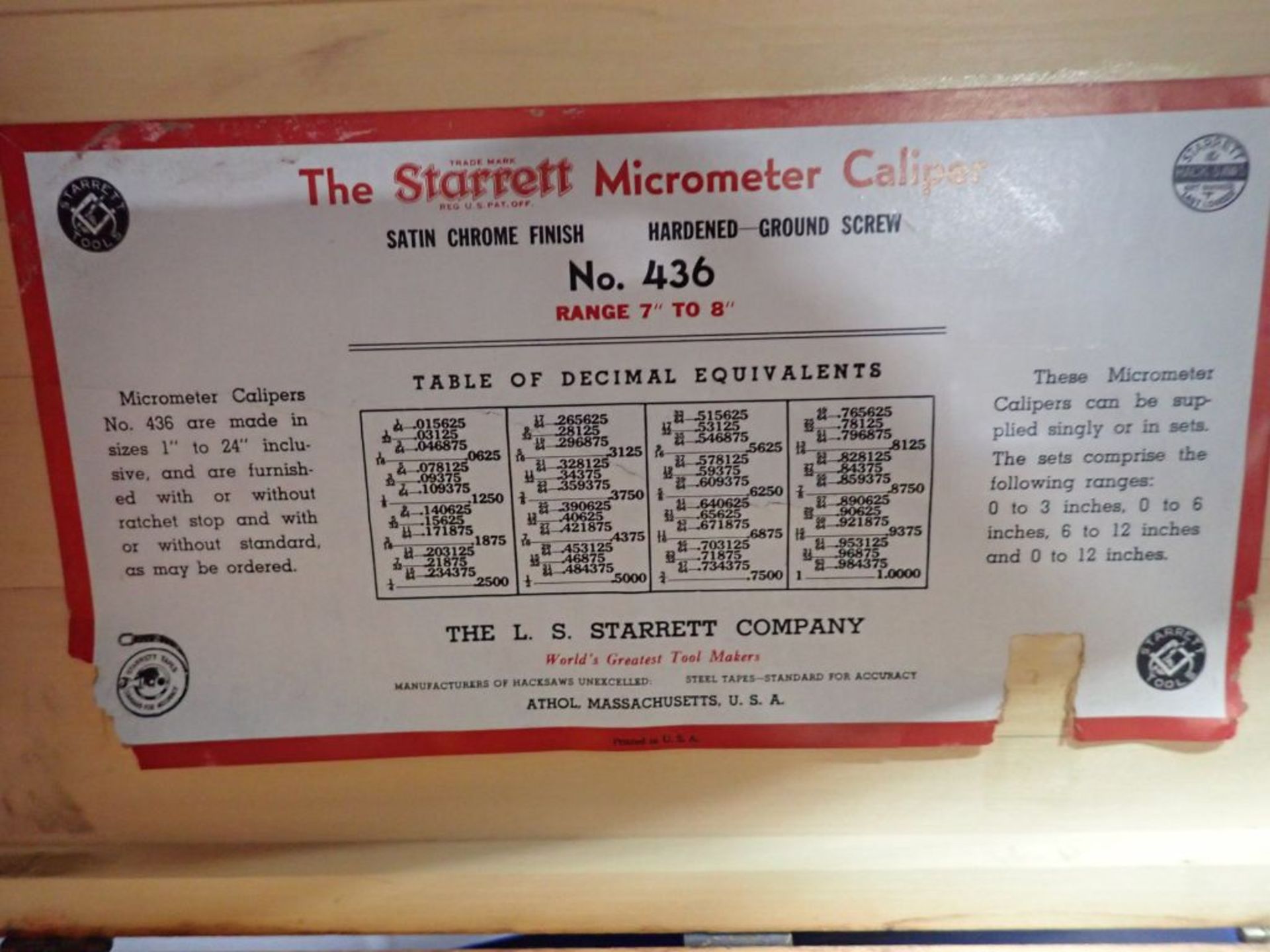 Starret 7-8" Micrometer | Tag: 241647 | Limited Forklift Assistance Available - $10.00 Lot Loading - Image 6 of 6