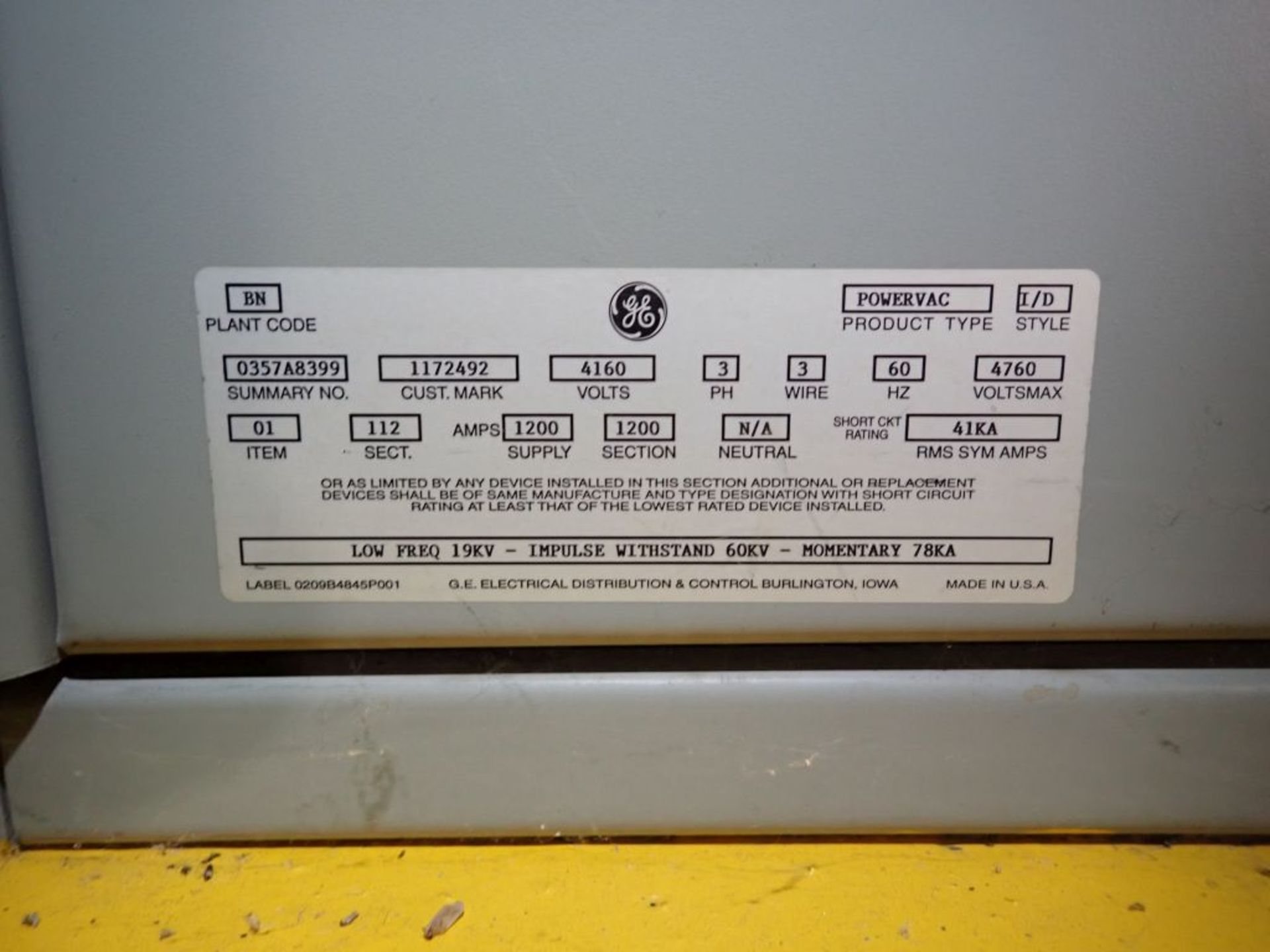 GE Powervac Switchgear | (14) Verticals; 4160V; 1200A; Includes: (12) GE Powervac 1200A Breakers, - Image 56 of 58