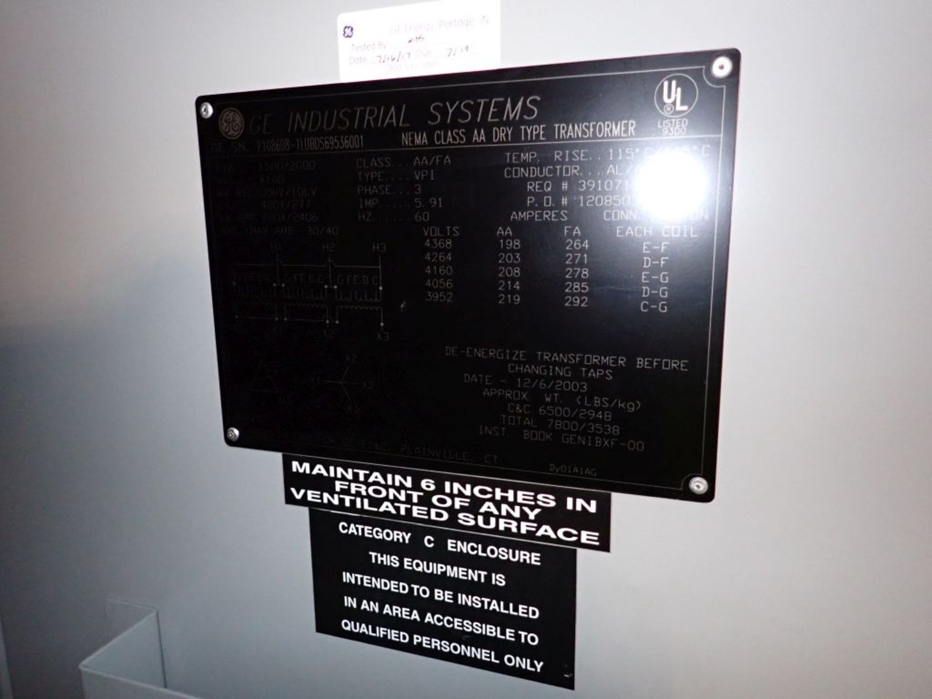 GE Transformer with Interrupter Switch | 1500/2000A; 4160-480Y/277V; Includes: 600A Switch; Tag: - Image 14 of 19