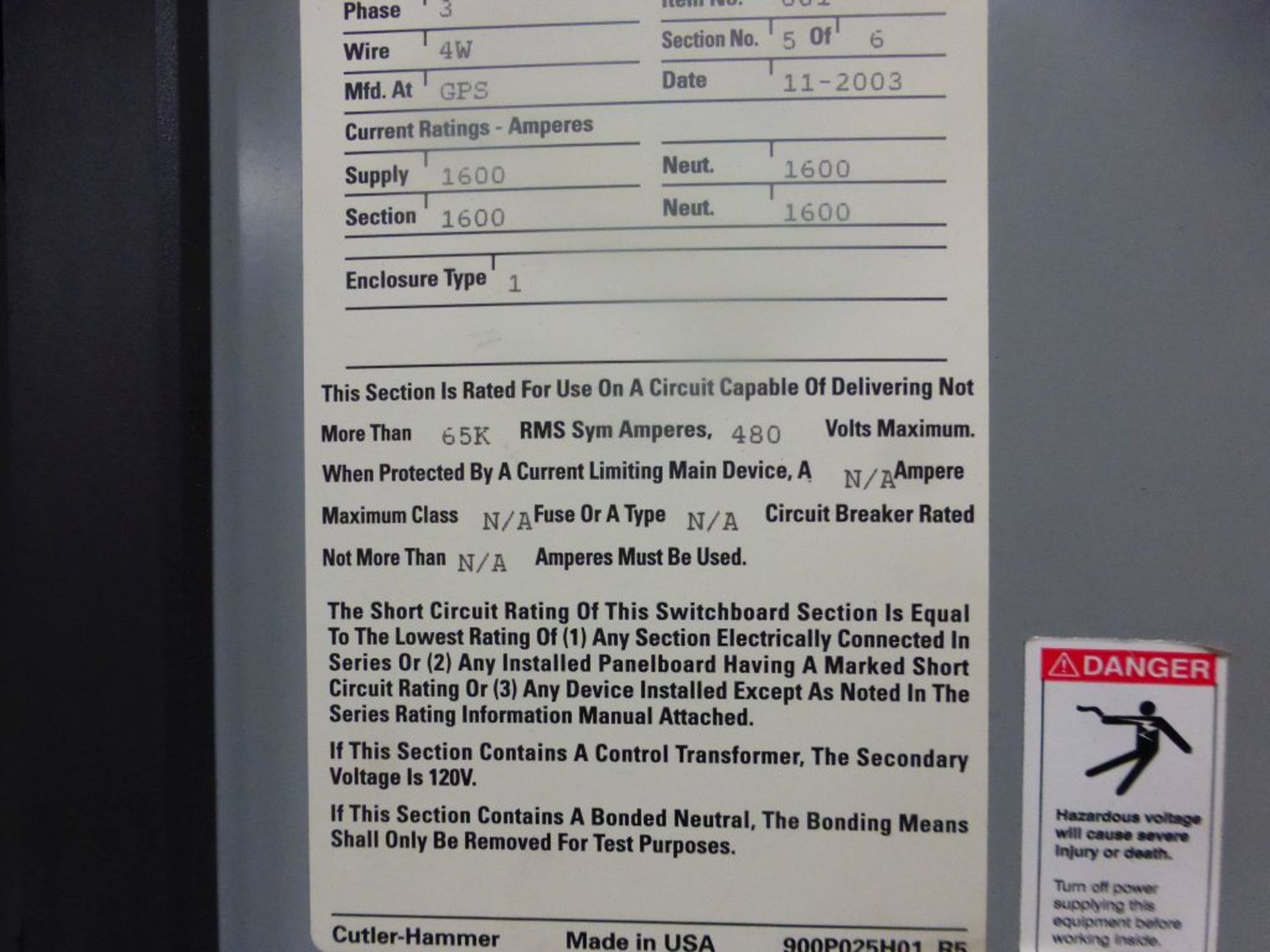 Cutler Hammer Switchgear | 1600A; (6) Sections; Includes: (7) 1600A Breaker Part No. MDS616; (3) - Image 5 of 44