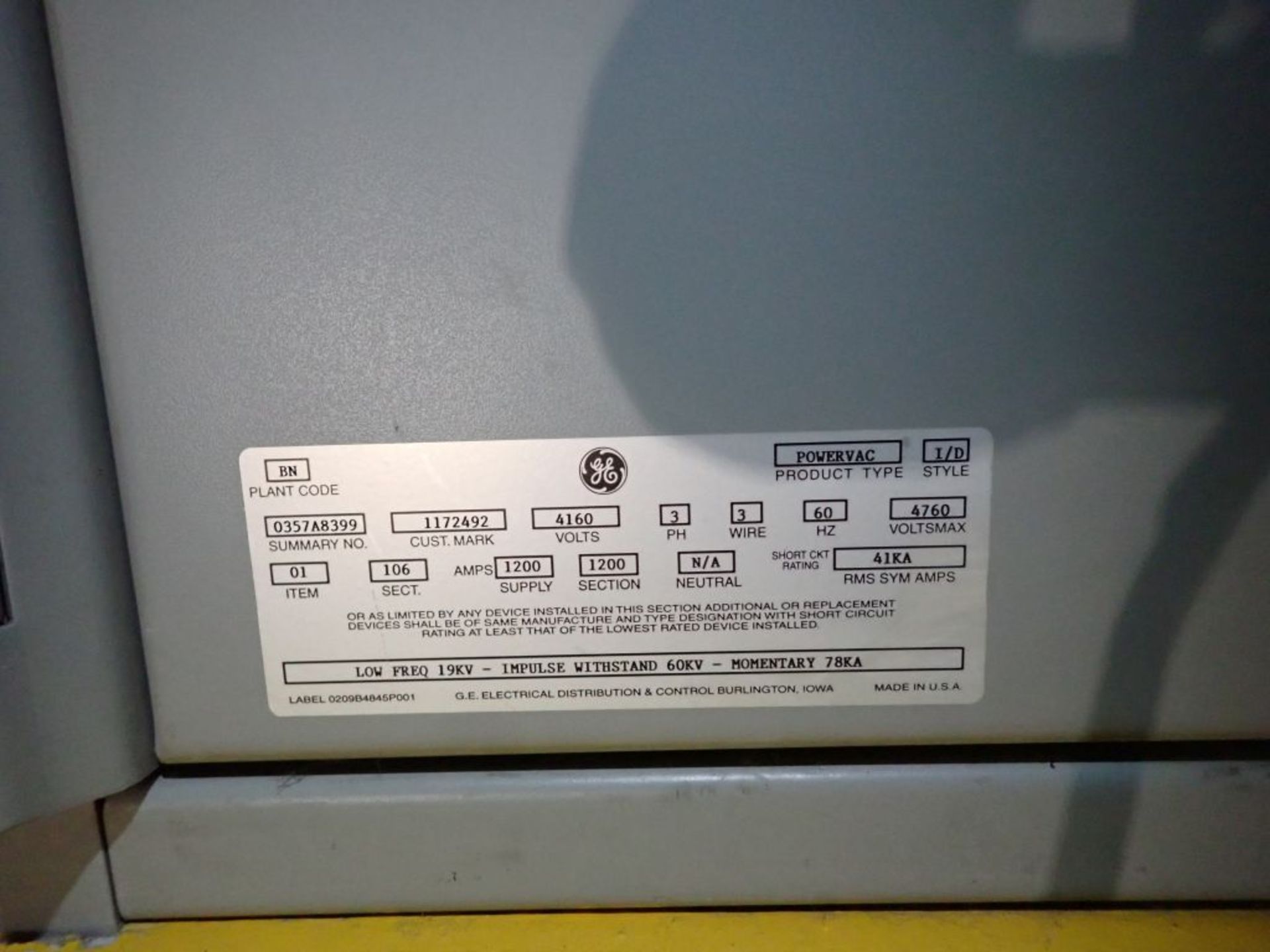 GE Powervac Switchgear | (14) Verticals; 4160V; 1200A; Includes: (12) GE Powervac 1200A Breakers, - Image 51 of 58