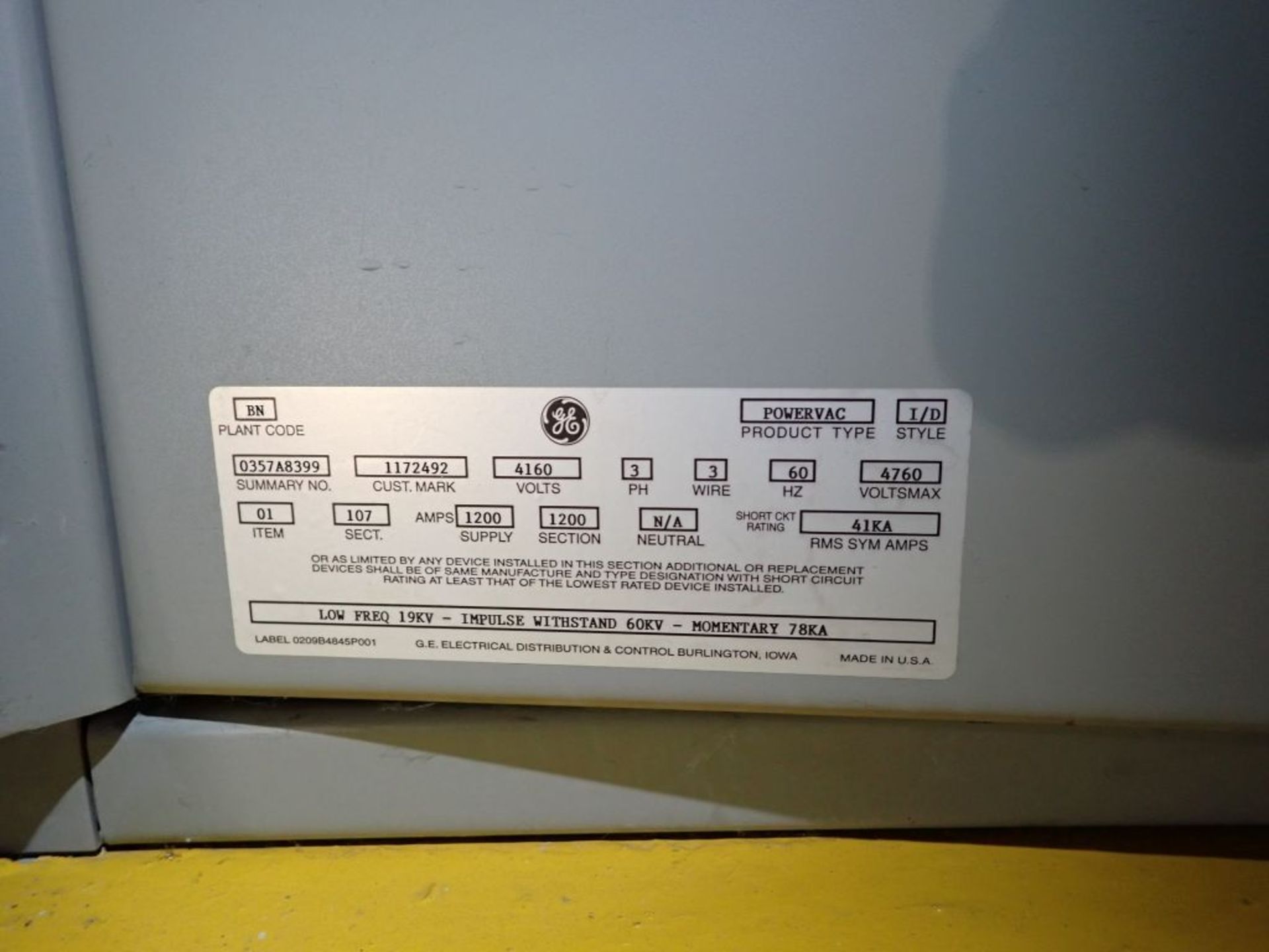 GE Powervac Switchgear | (14) Verticals; 4160V; 1200A; Includes: (12) GE Powervac 1200A Breakers, - Image 52 of 58