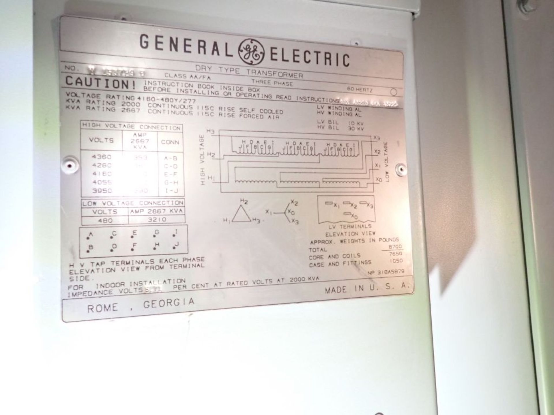 GE Transformer w/Interrupter Switch | 2000/2667 KVA; 4160 Primary Voltage; 480Y/277 Secondary - Image 12 of 19