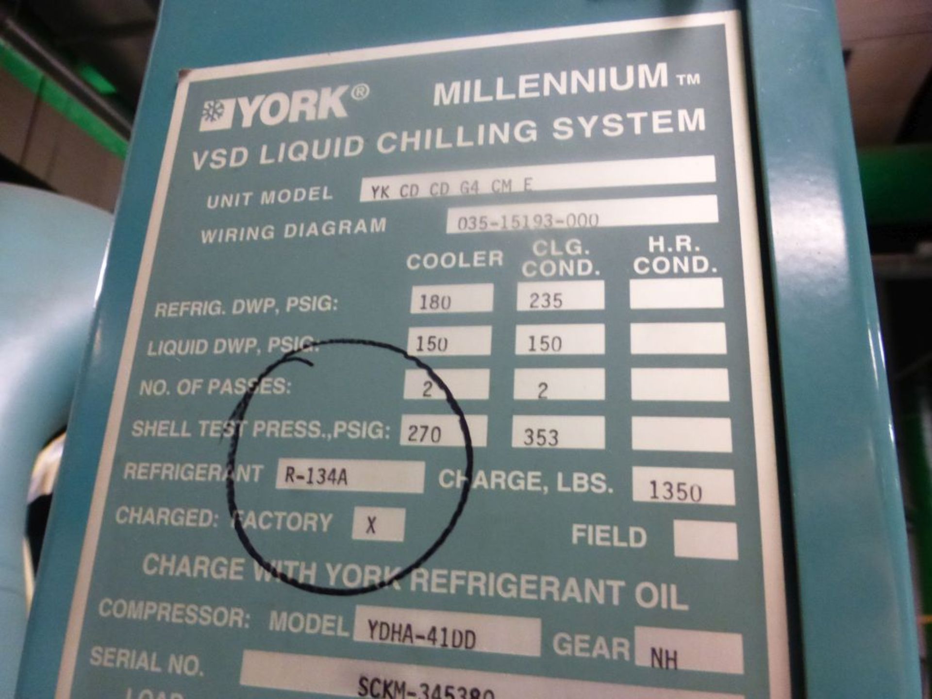 York Millennium Centrifugal Chiller | Model No. YKCDCDG4CME R134A; Serial No. YCTM-067402; Tag: - Image 3 of 9