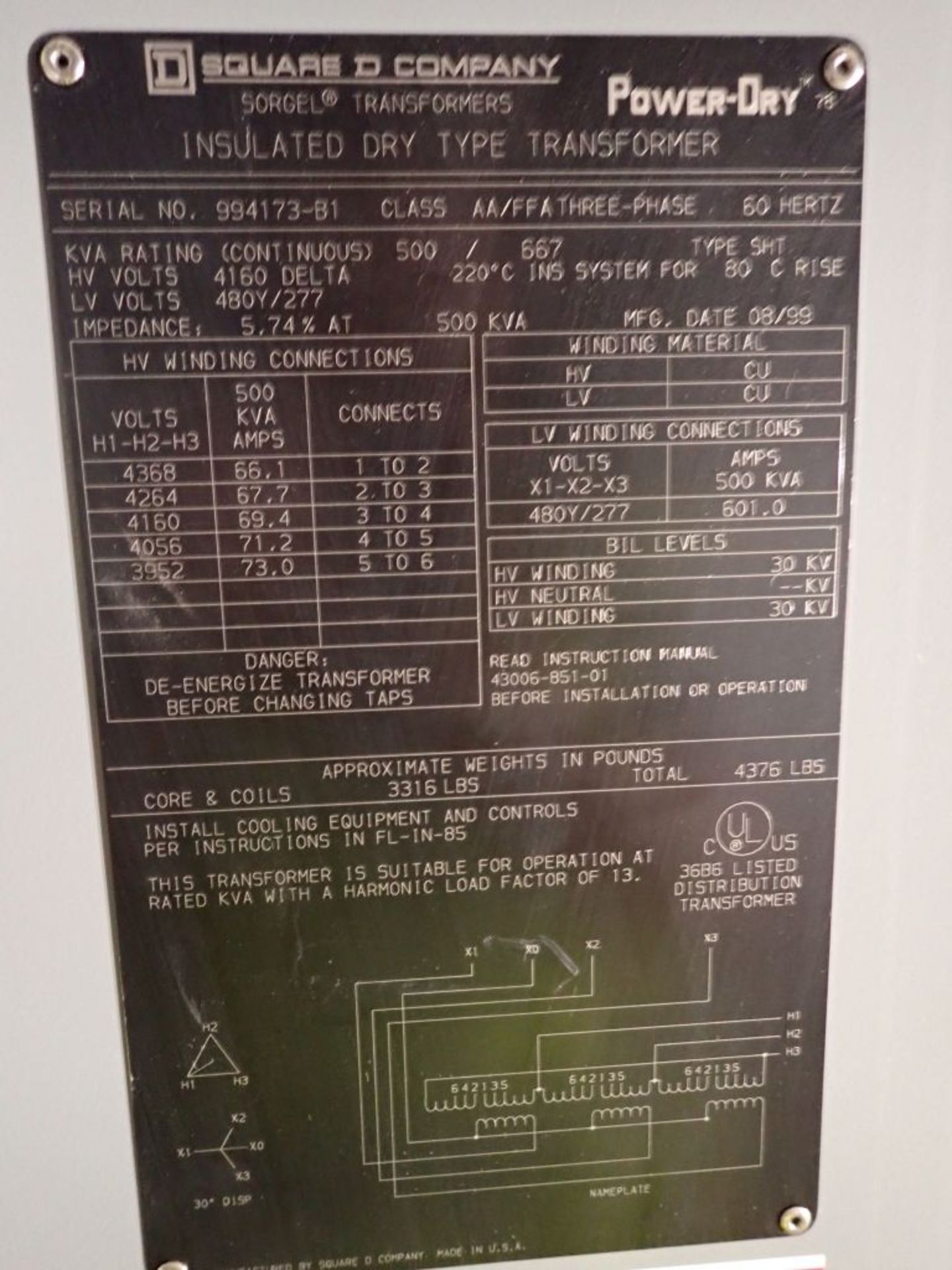 Square D Dry Type Transformer w/HUL Interrupter Switch | 500/667 KVA; 4160V High Voltage; 480y/ - Image 8 of 11