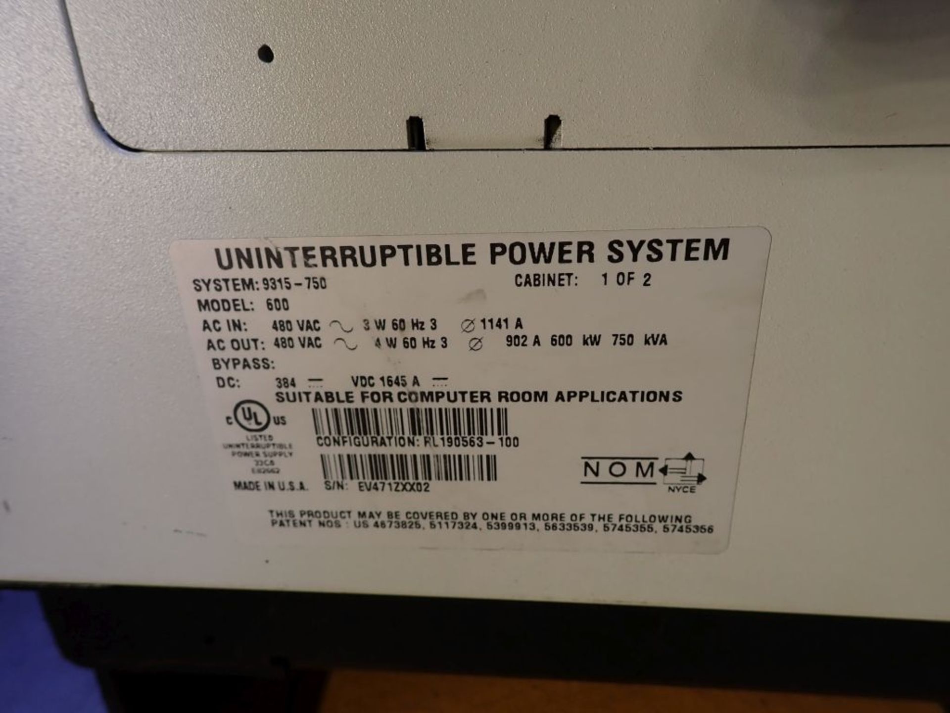 Powerware UPS Unit | Model No. 600; 480V; Tag: 241196; Lot Loading Fee: $150.00 - Image 12 of 12