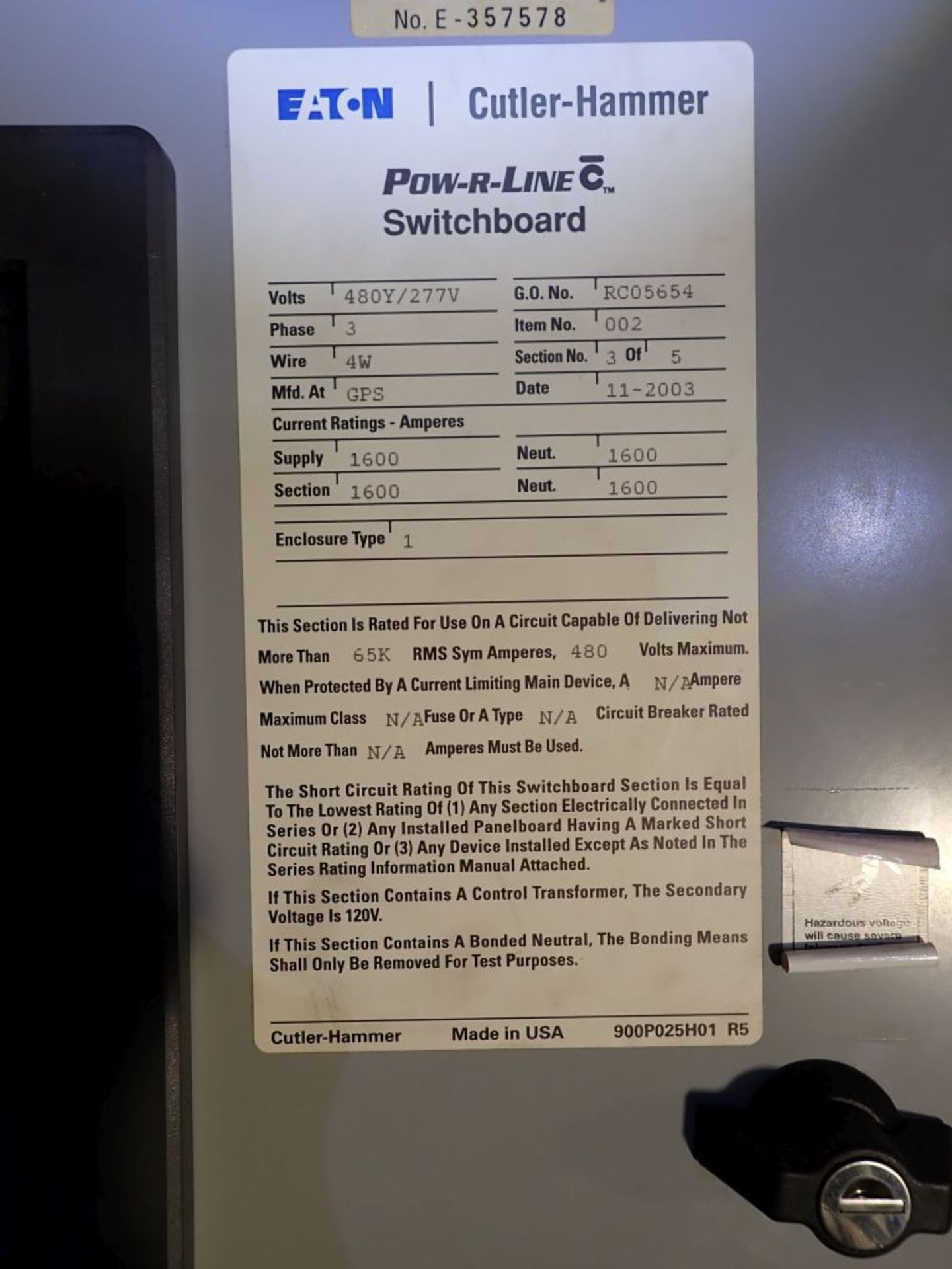 Eaton Cutler Hammer Switchgear | 1600A DS Frame Breaker; 480Y/277V; (9) 1600A; (6) 1600A; (3) 1200A; - Image 5 of 37