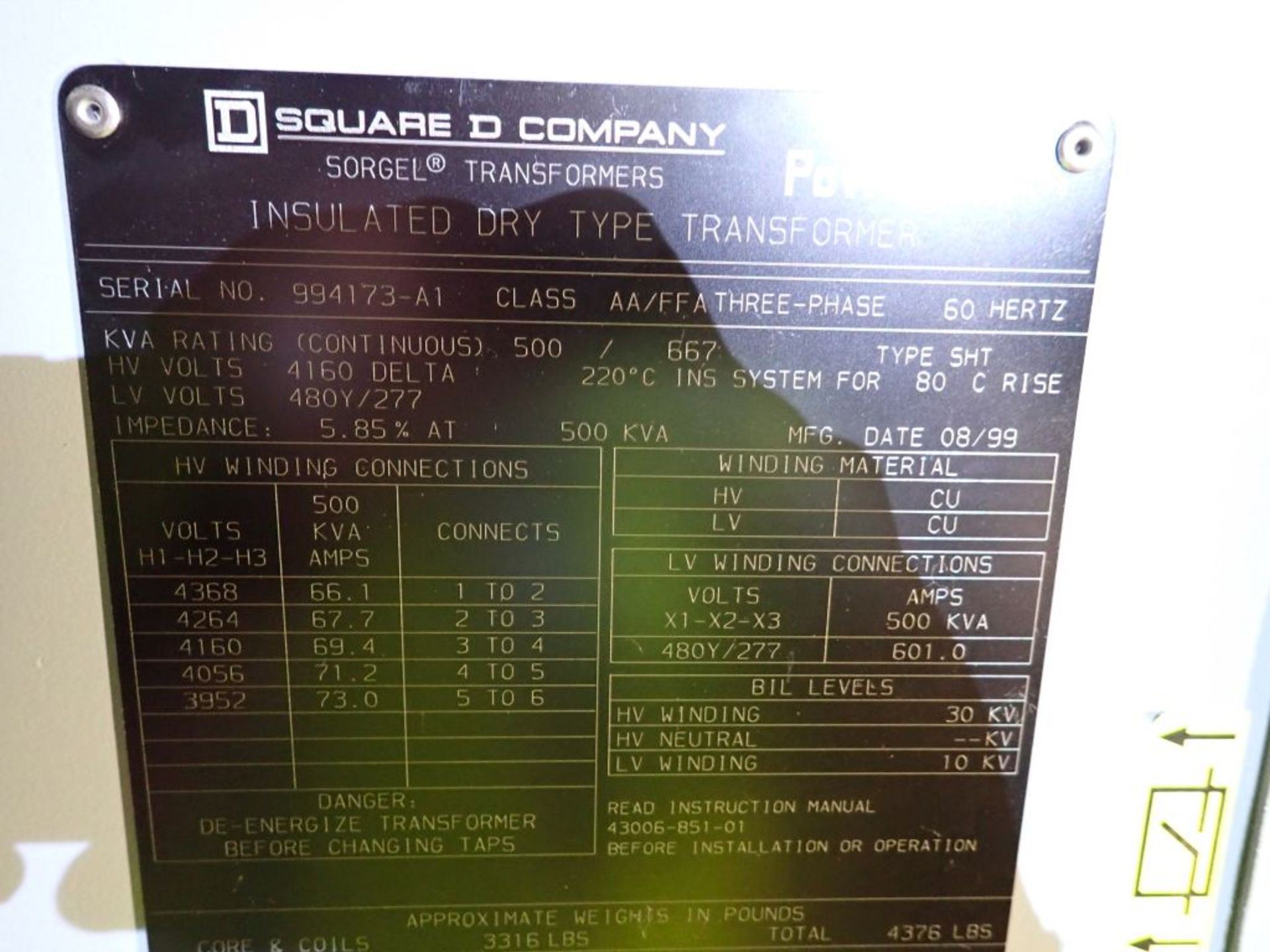 Square D Dry Type Transformer w/HUL Interrupter Switch | 500/667 KVA; 4160V High Voltage; 480y/ - Image 9 of 9