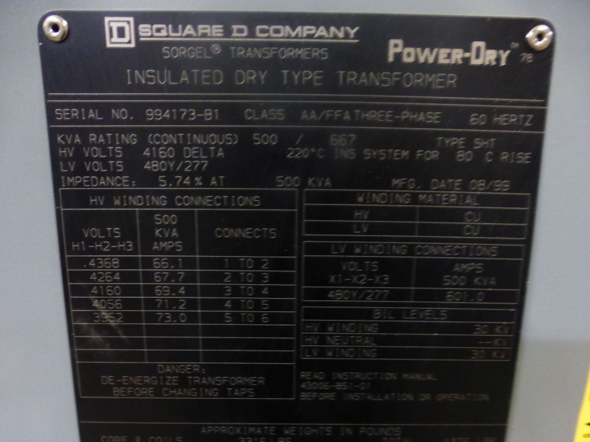 Square D Dry Type Transformer w/HUL Interrupter Switch | 500/667 KVA; 4160V High Voltage; 480y/ - Image 9 of 11