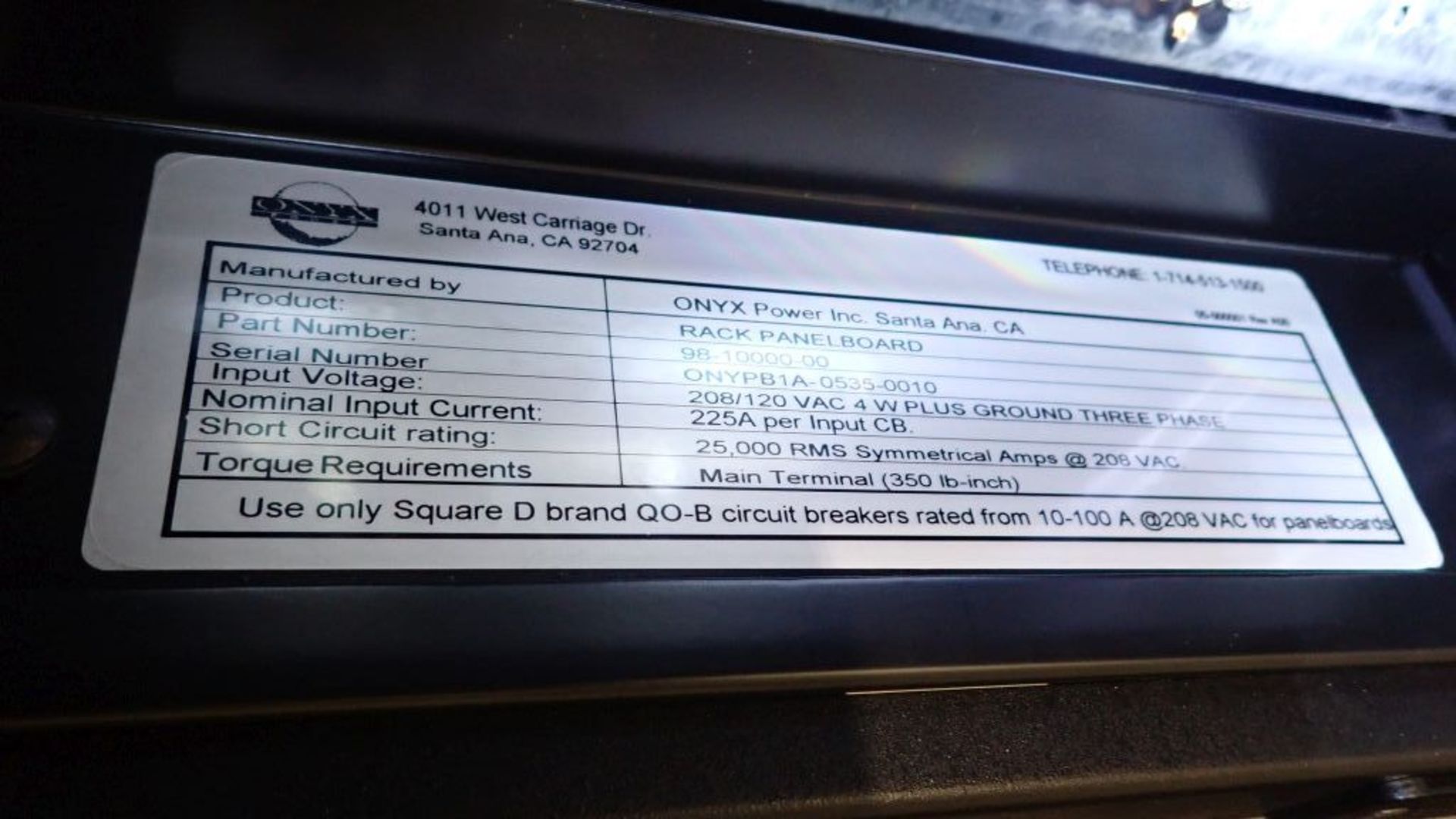 Onyx Power Rack Panelboard | Part No. 98-112-00-00; System 2; Input: 208/120 VAC; 4-Wire Plus Ground - Image 7 of 22