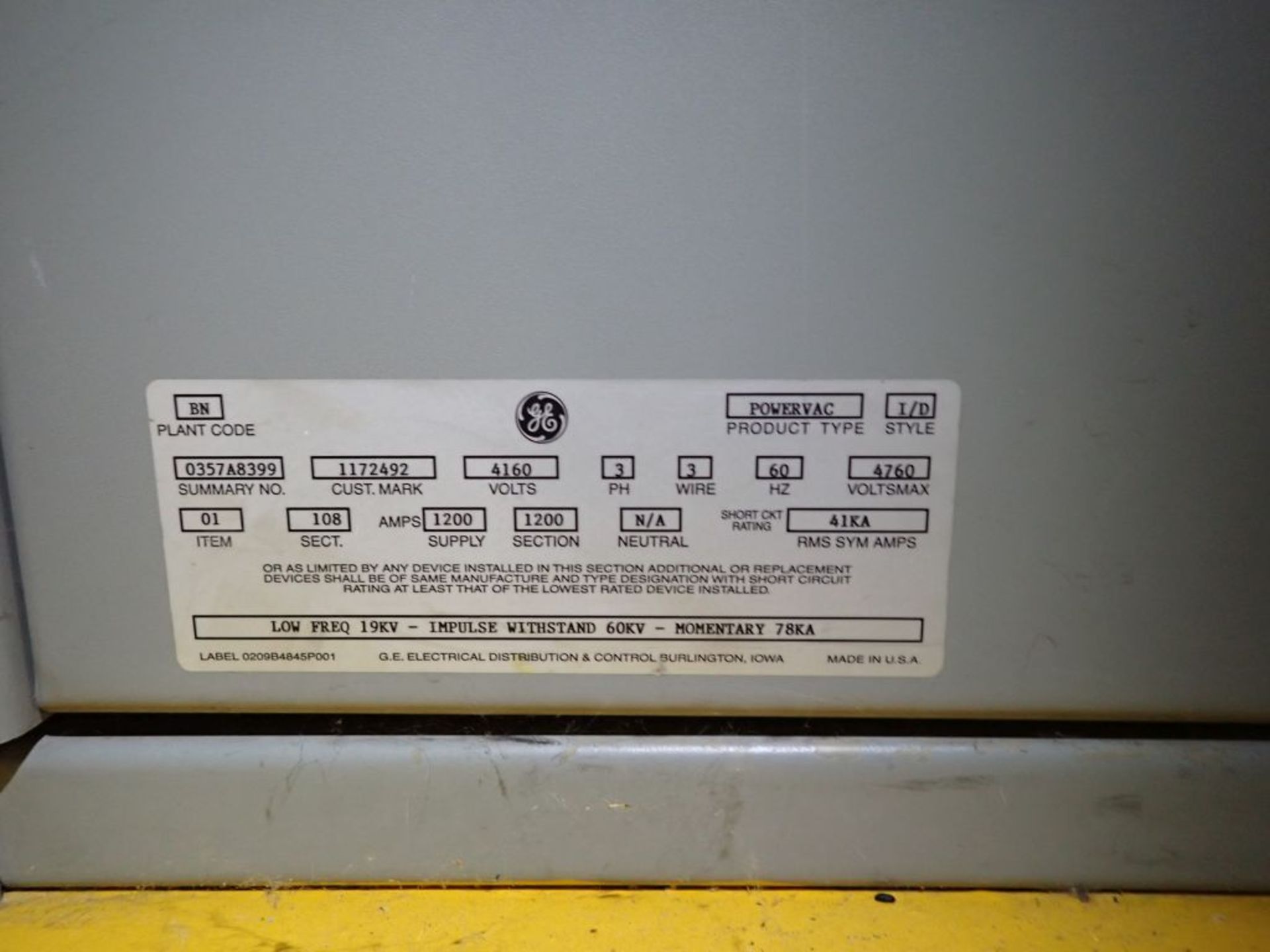 GE Powervac Switchgear | (14) Verticals; 4160V; 1200A; Includes: (12) GE Powervac 1200A Breakers, - Image 53 of 58