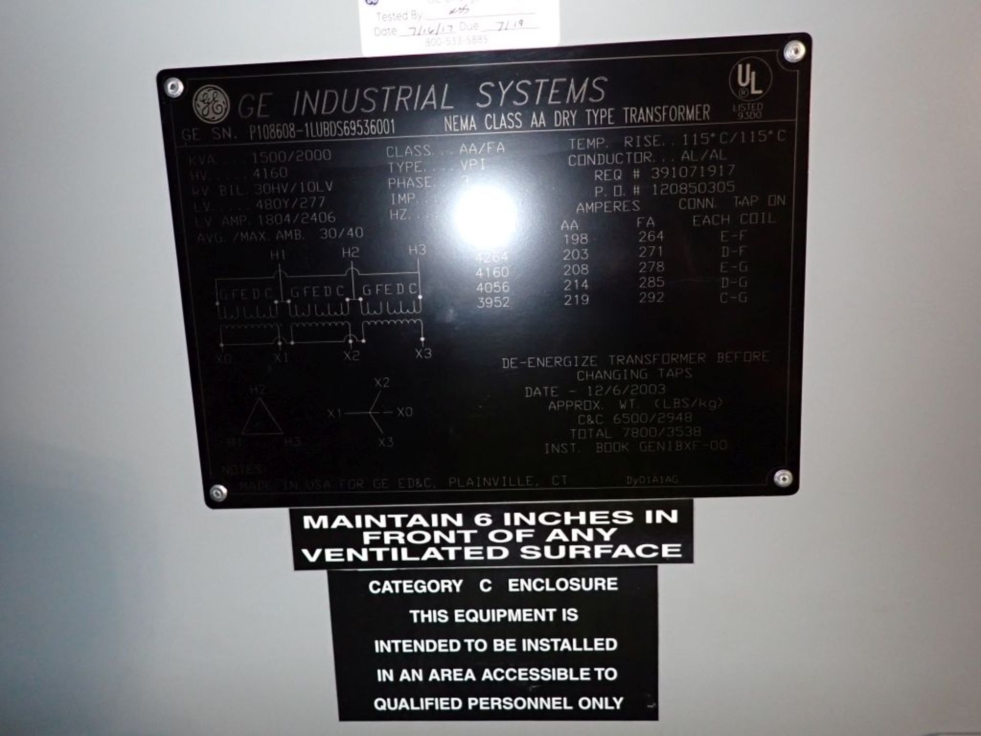 GE Transformer with Interrupter Switch | 1500/2000A; 4160-480Y/277V; Includes: 600A Switch; Tag: - Image 15 of 19