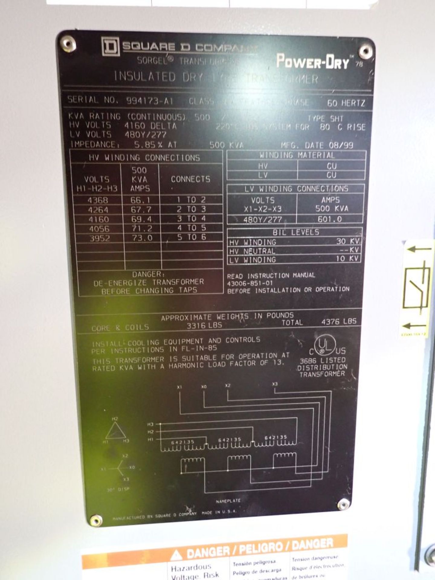 Square D Dry Type Transformer w/HUL Interrupter Switch | 500/667 KVA; 4160V High Voltage; 480y/ - Image 8 of 9